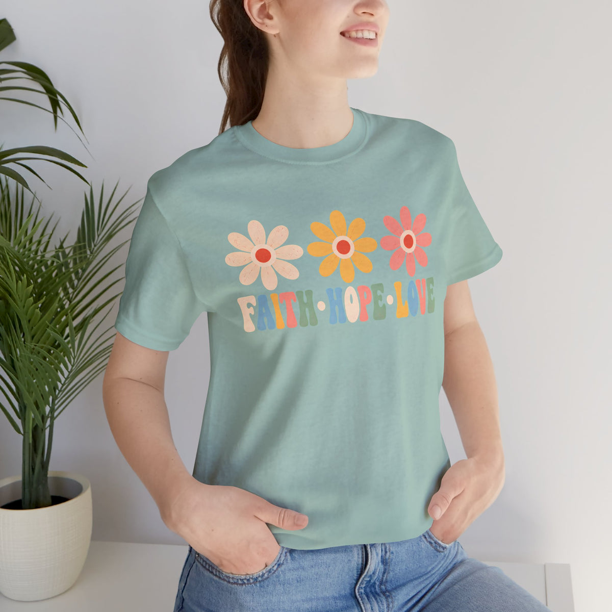 Faith Hope Love Floral T-Shirt,  Retro Flower Graphic Tee - 14979