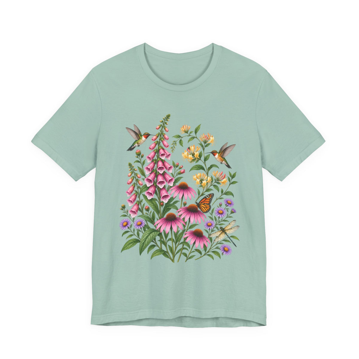 Floral Hummingbird Garden T-Shirt, Wildflower & Butterfly Botanical Tee - 14547
