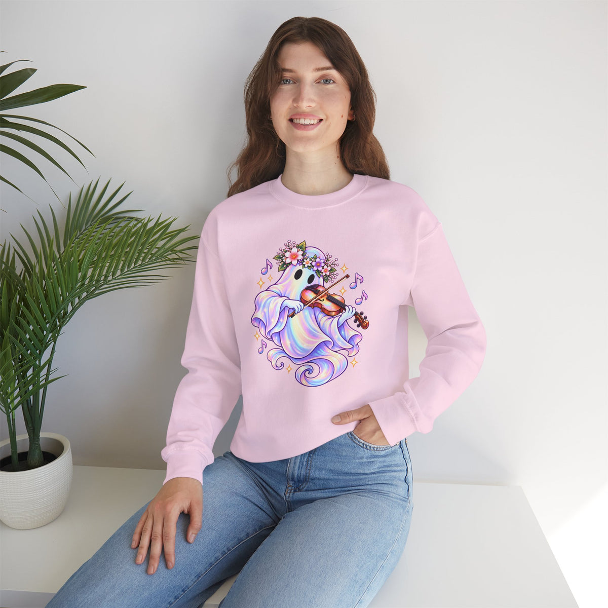 Ghost Violin Sweatshirt — Cute Floral Music Lover Crewneck - 14527