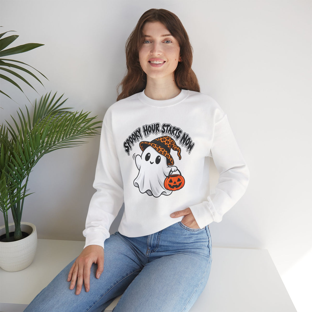 Spooky Hour Starts Now Sweatshirt, Cute Halloween Ghost Crewneck - 14536