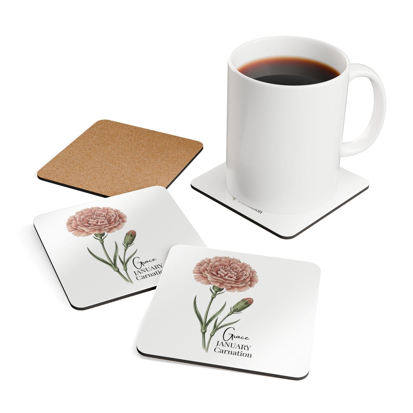January Birth Flower Carnation Cork Coaster Set – Personalized Name Gift - 14690
