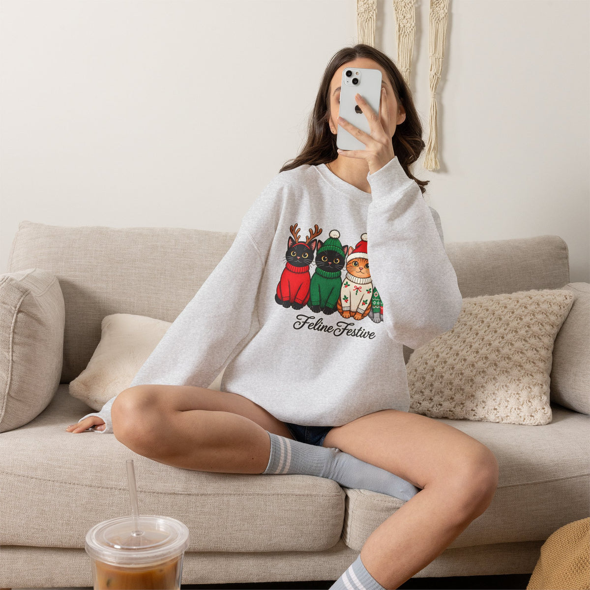 Feline Festive Sweatshirt, Cute Christmas Cats Crewneck - 14564