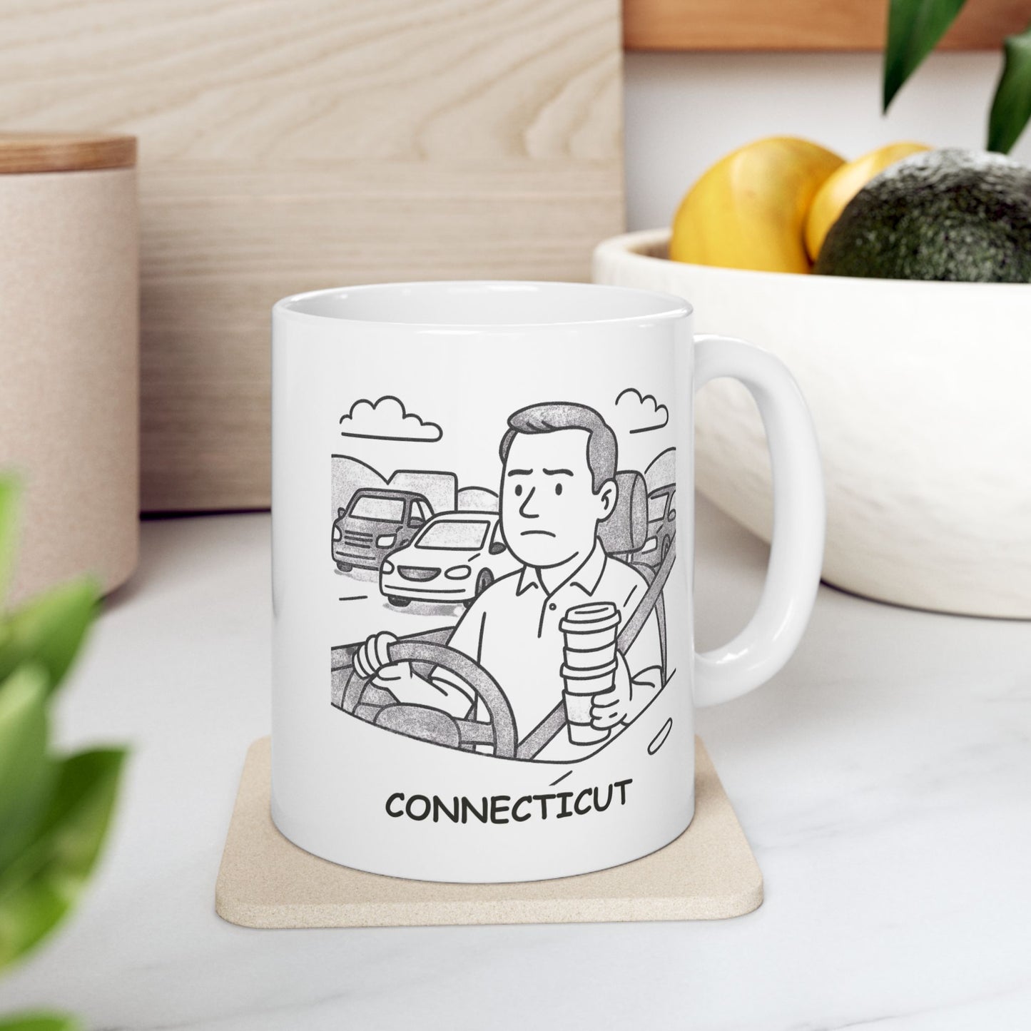 "In Connecticut, we measure time by how many cups of coffee it takes to survive traffic." Ceramic Coffee Mug - 11oz & 15oz - 13842