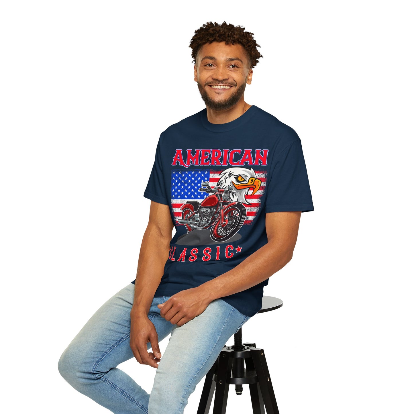 American Classic Tee, Unisex Garment-Dyed T-shirt, Biker Gift, Patriotic Apparel, Rider and Eagle Fashion, Vintage Style - 13658