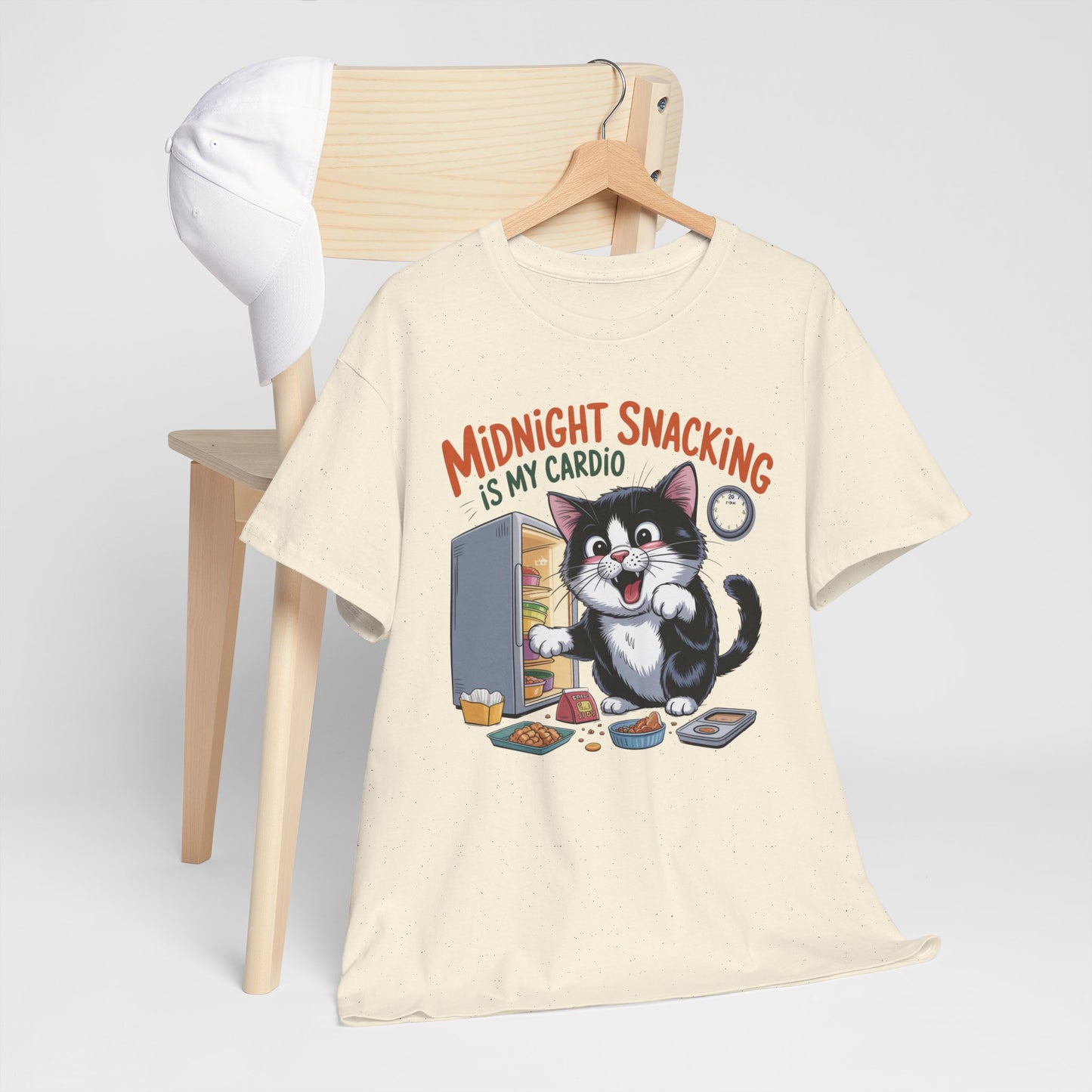 Midnight Snacking Is My Cardio T-Shirt — Funny Cat Graphic Tee, Cute Food Lover Gift - 14865
