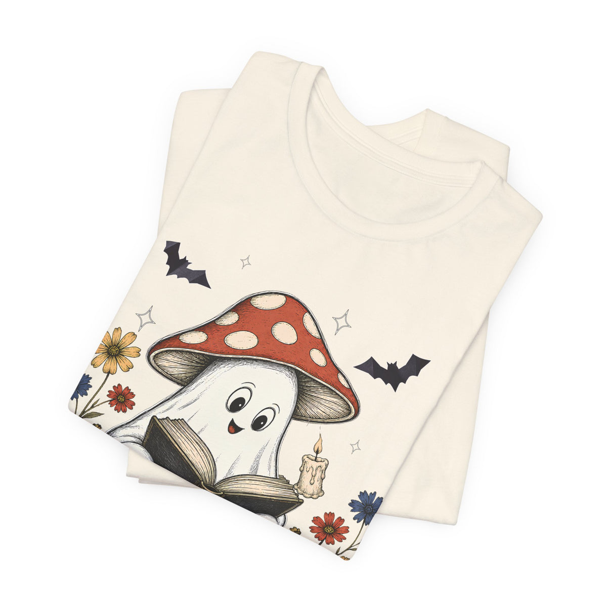 Spooky Stories Ghost T-Shirt, Cute Mushroom Ghost Reading Shirt for Halloween - 14970