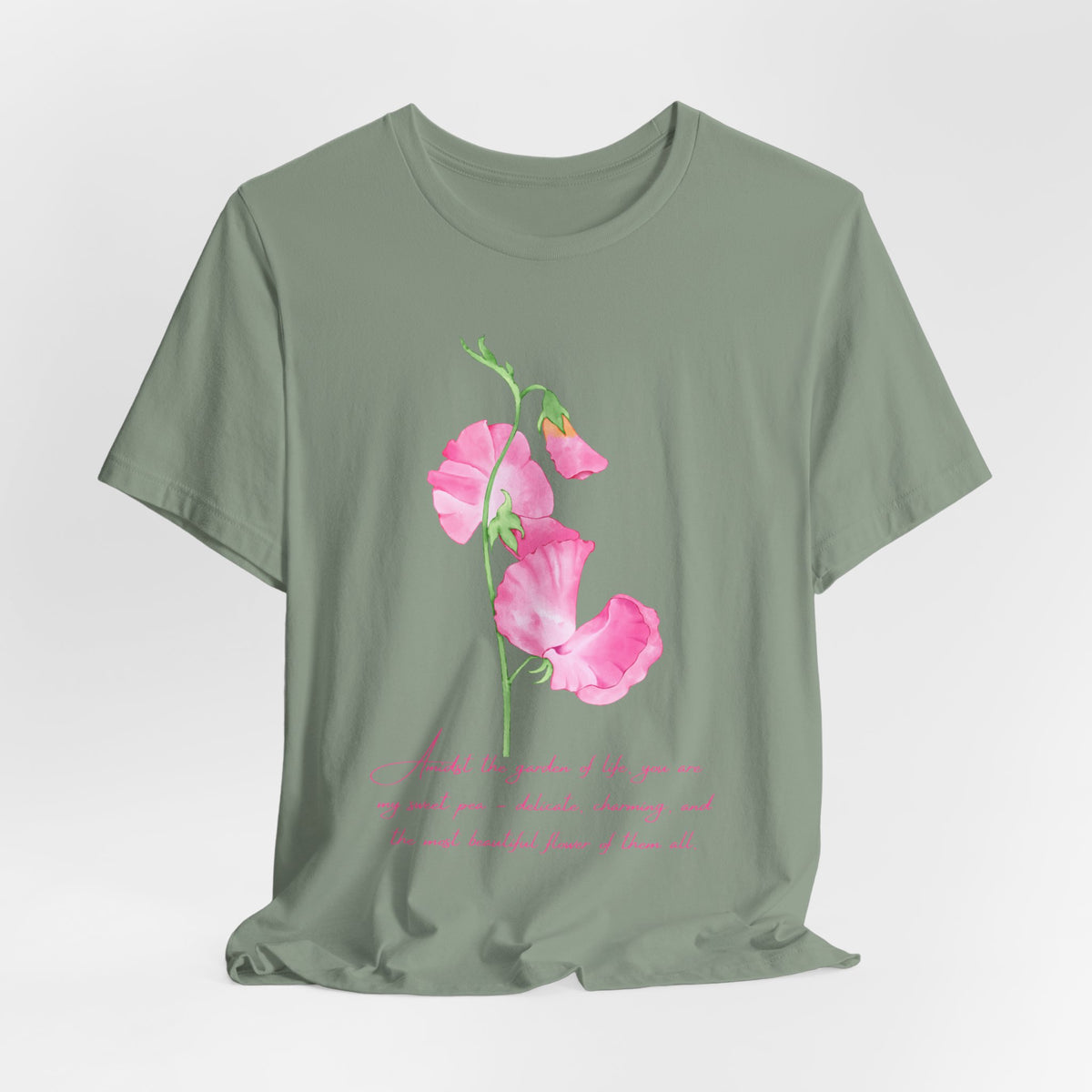 Sweet Pea Floral T-Shirt, Pink Watercolor Flower Graphic Tee - 14962