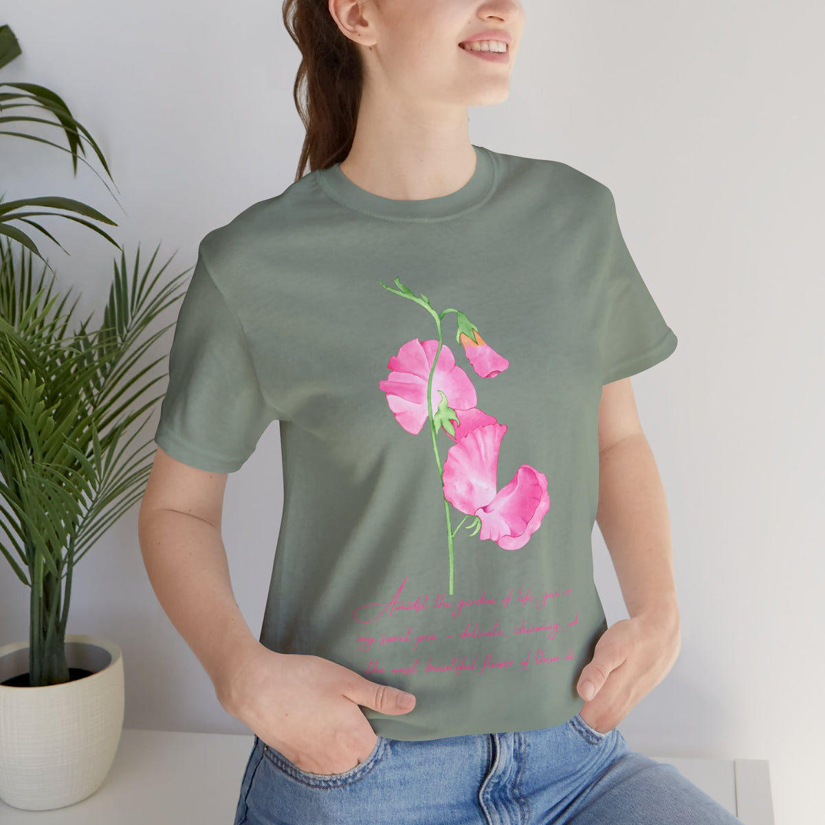 Sweet Pea Floral T-Shirt, Pink Watercolor Flower Graphic Tee - 14962