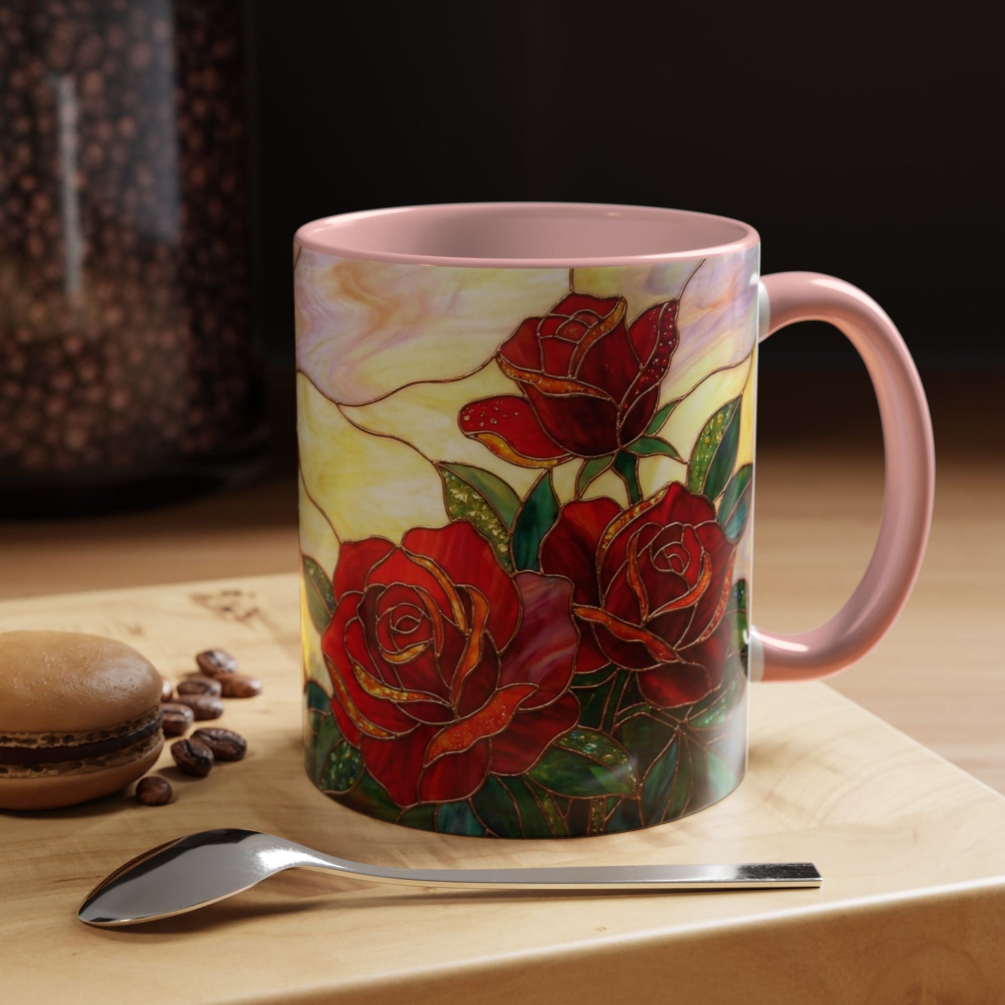 Rose Stained Glass Accent Coffee Mug – Red Roses Floral 11/15oz - 14539