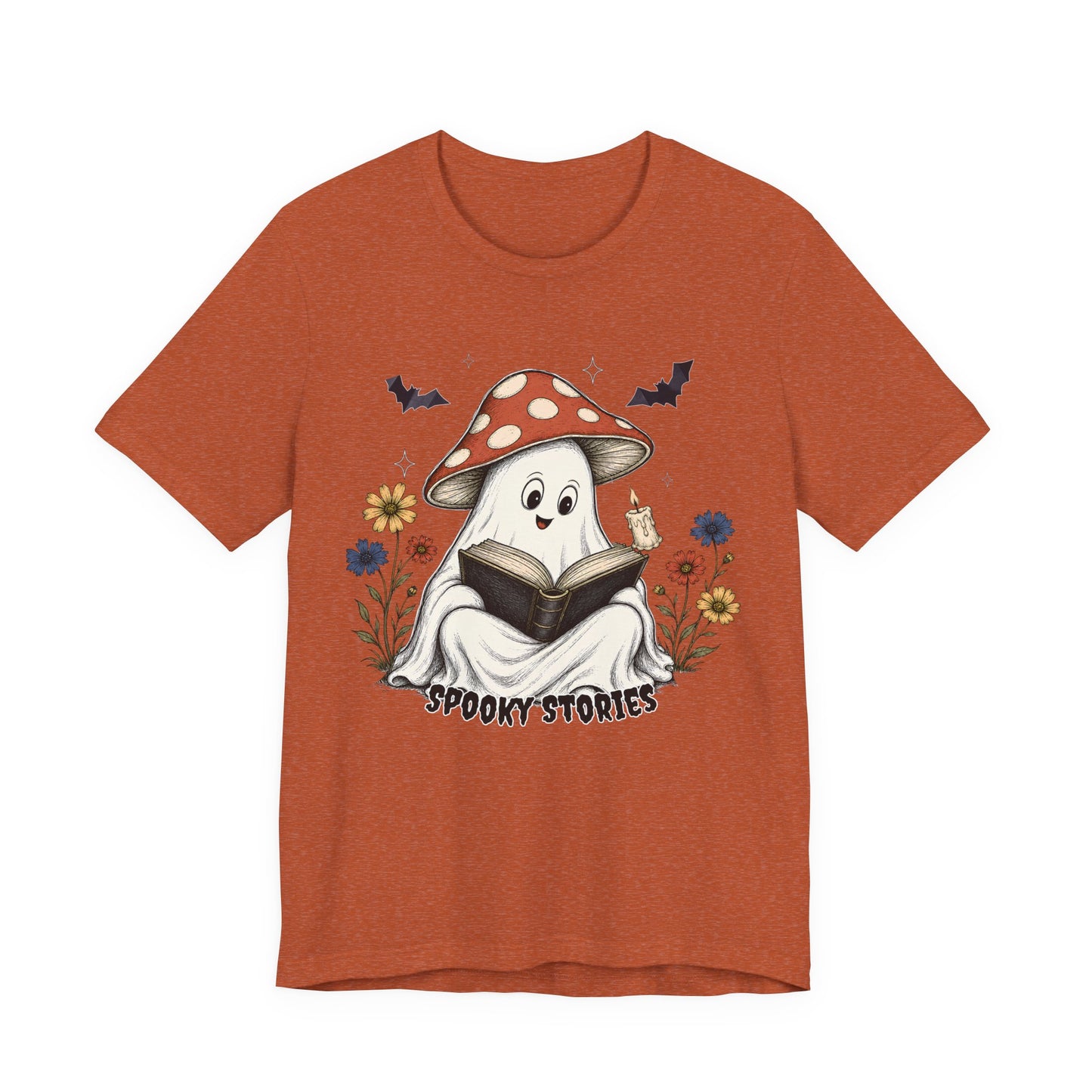 Spooky Stories Ghost T-Shirt, Cute Mushroom Ghost Reading Shirt for Halloween - 14970