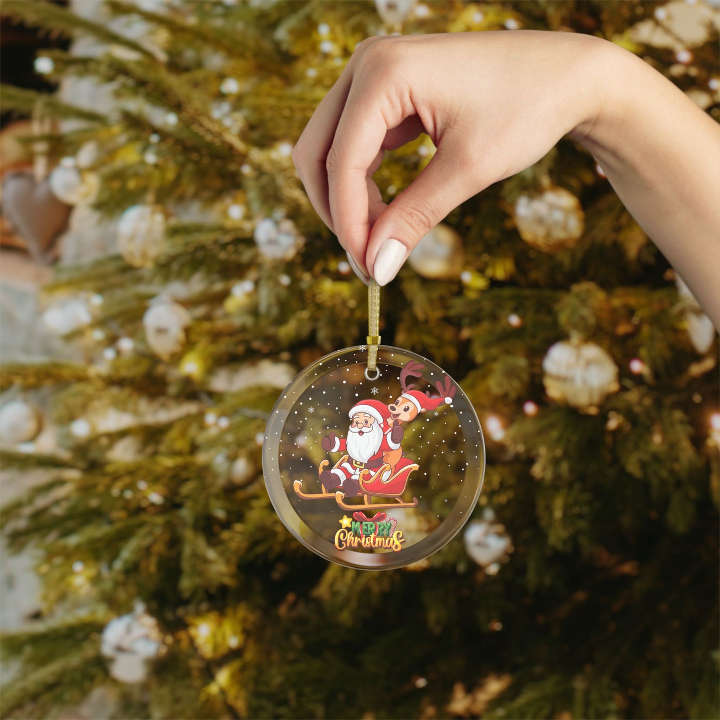 Santa on Sleigh with Reindeer - Glass Ornaments - 10420