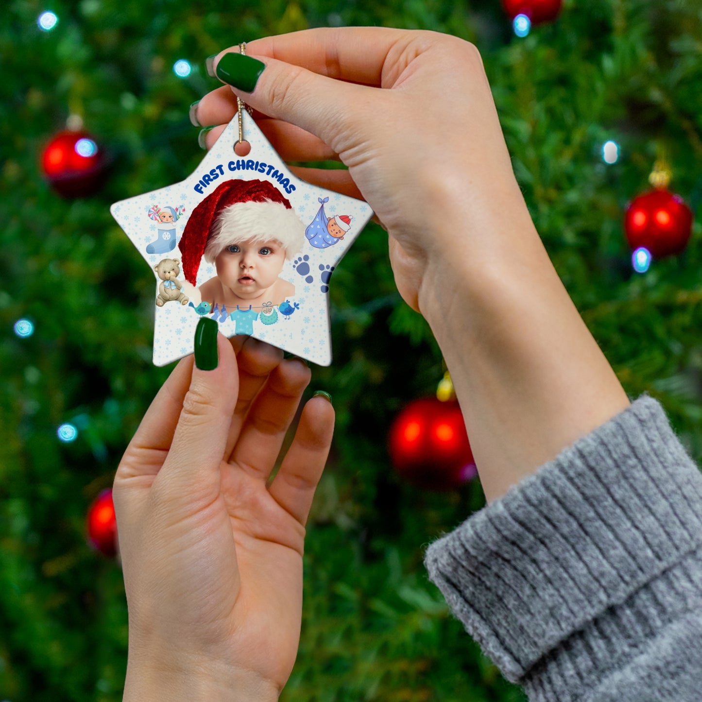 First Christmas, Baby Boy, Customizable - Ceramic Ornament, 4 Shapes - 10016