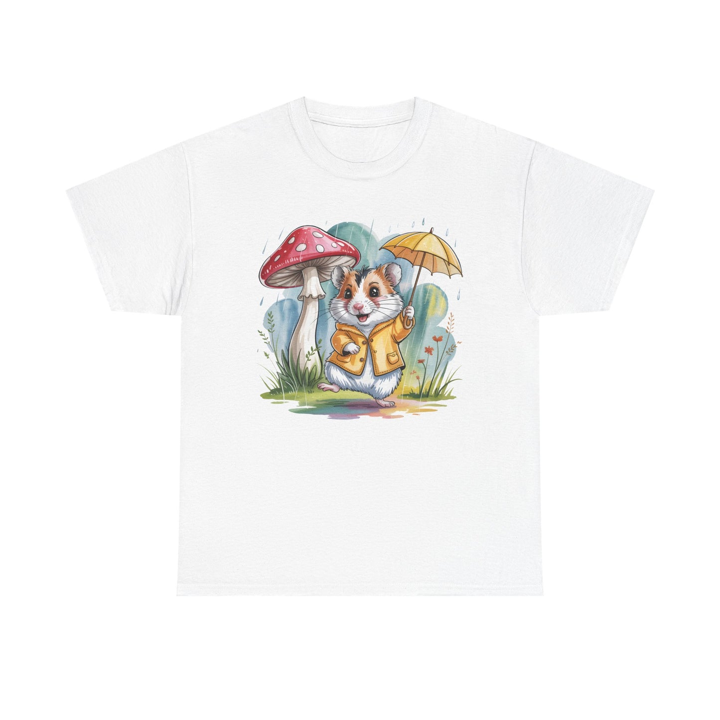 Cute Hamster T-Shirt – Raincoat Umbrella Animal Tee Watercolor Mushroom Gift - 14853