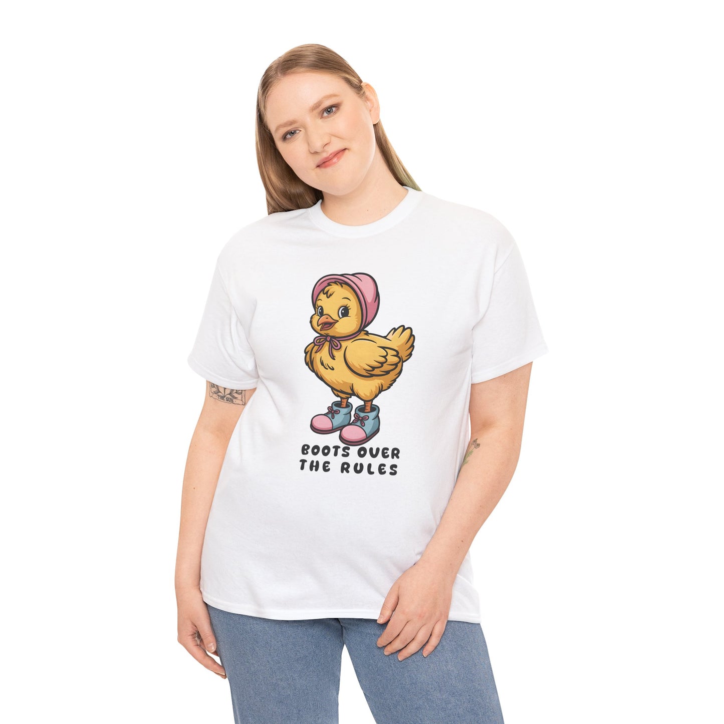 Cute Chick in Boots T-Shirt – “Boots Over The Rules” Funny Chicken Graphic Tee Gift - 14858