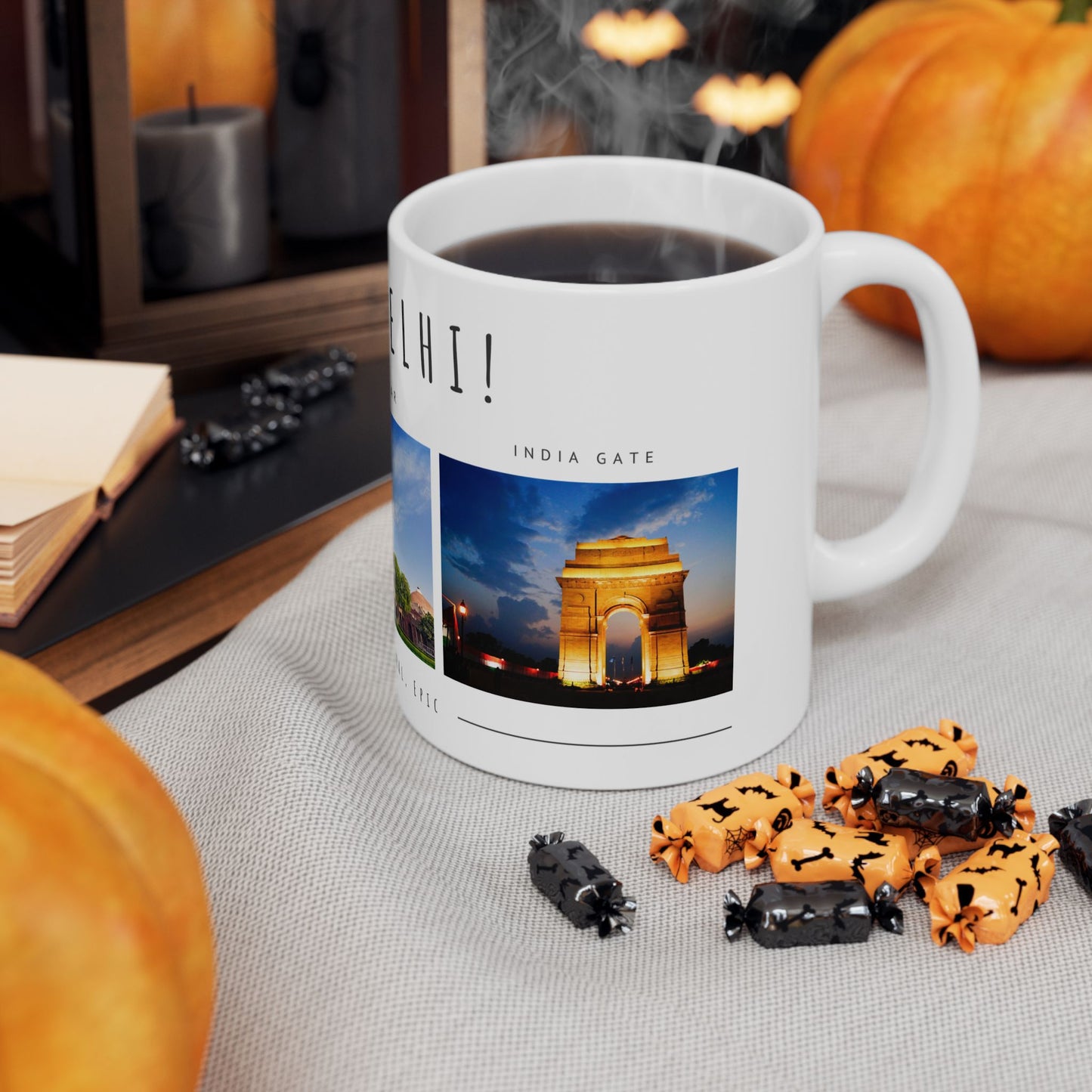 Hello Delhi! Ceramic Mug - 11oz & 15oz Travel Souvenir with Scenic Landmarks - 12025