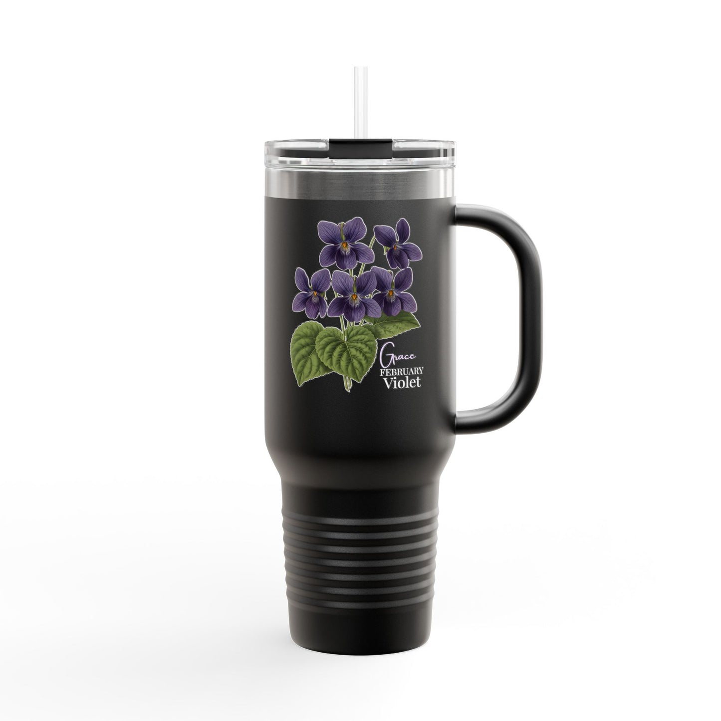 Violet Floral Tumbler – February Birth Flower Gift | 40oz Insulated Travel Mug, Customizable — 14688