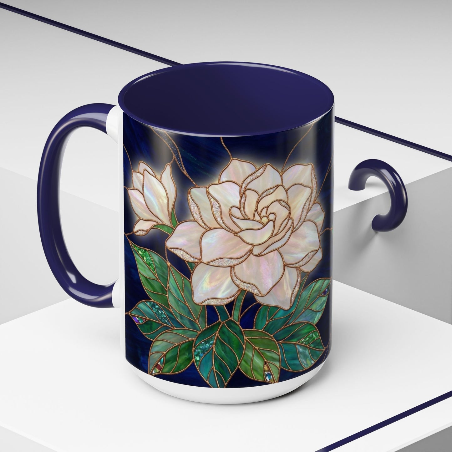 Gardenia Floral Accent Coffee Mug  - Stained-Glass Design (11/15oz) - 14567