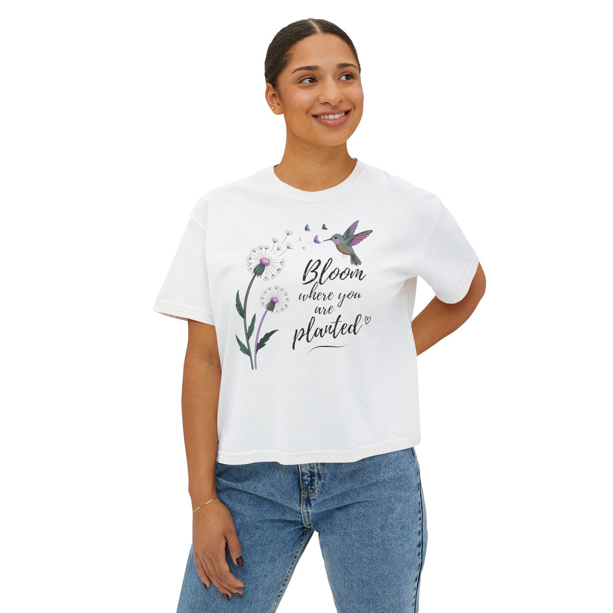 Bloom Where You’re Planted Boxy Tee, Women’s Hummingbird Floral Inspirational T-Shirt - 14926