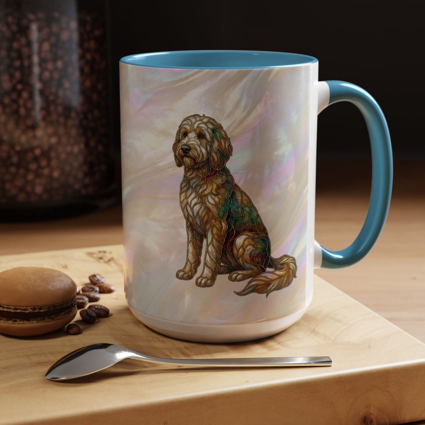 Personalized Dog (Goldendoodle) Coffee Mug - Accent Ceramic Mug with Name and Stained Glass Design - 14530