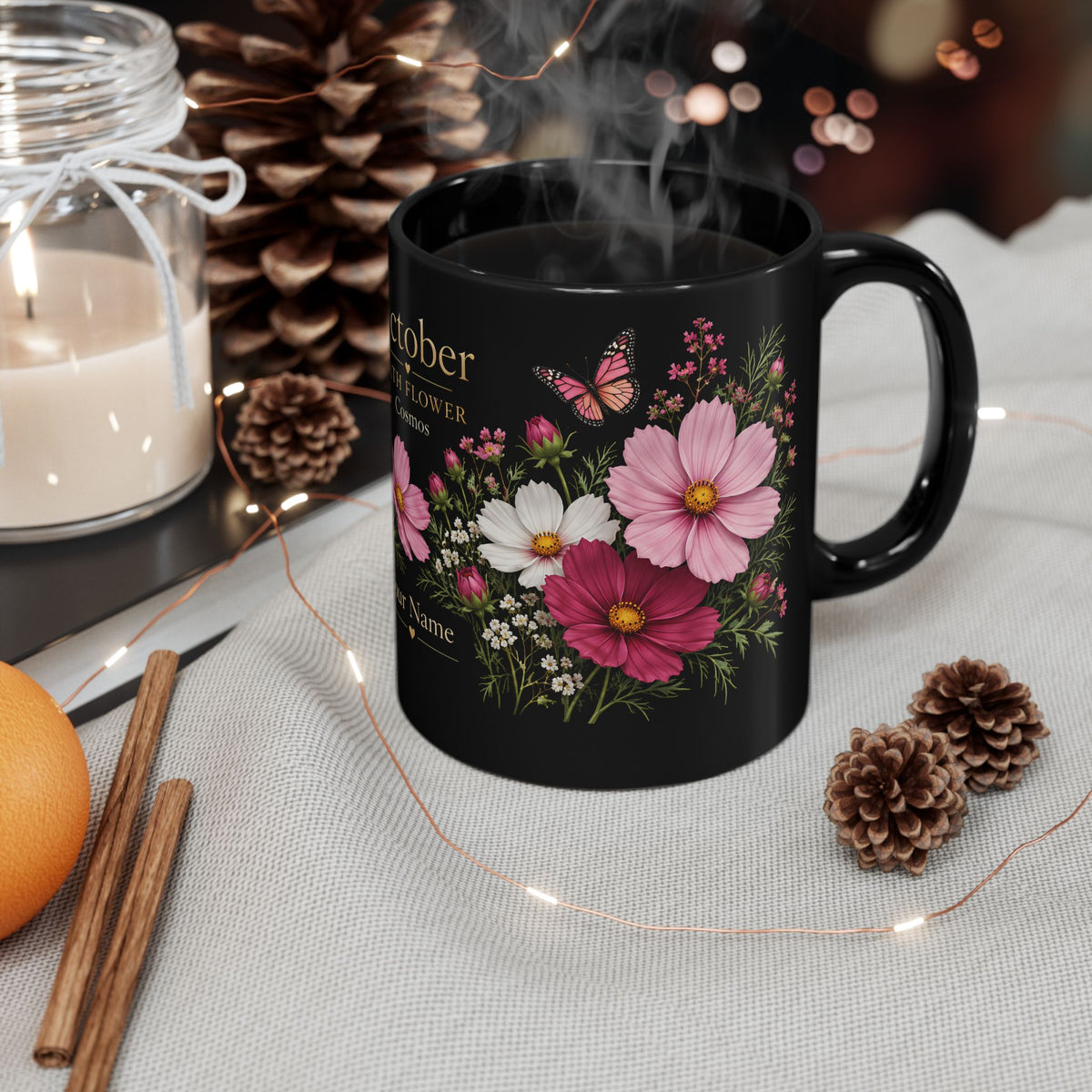 October Birth Flower Mug, Personalized Cosmos Black Coffee Cup - 14980