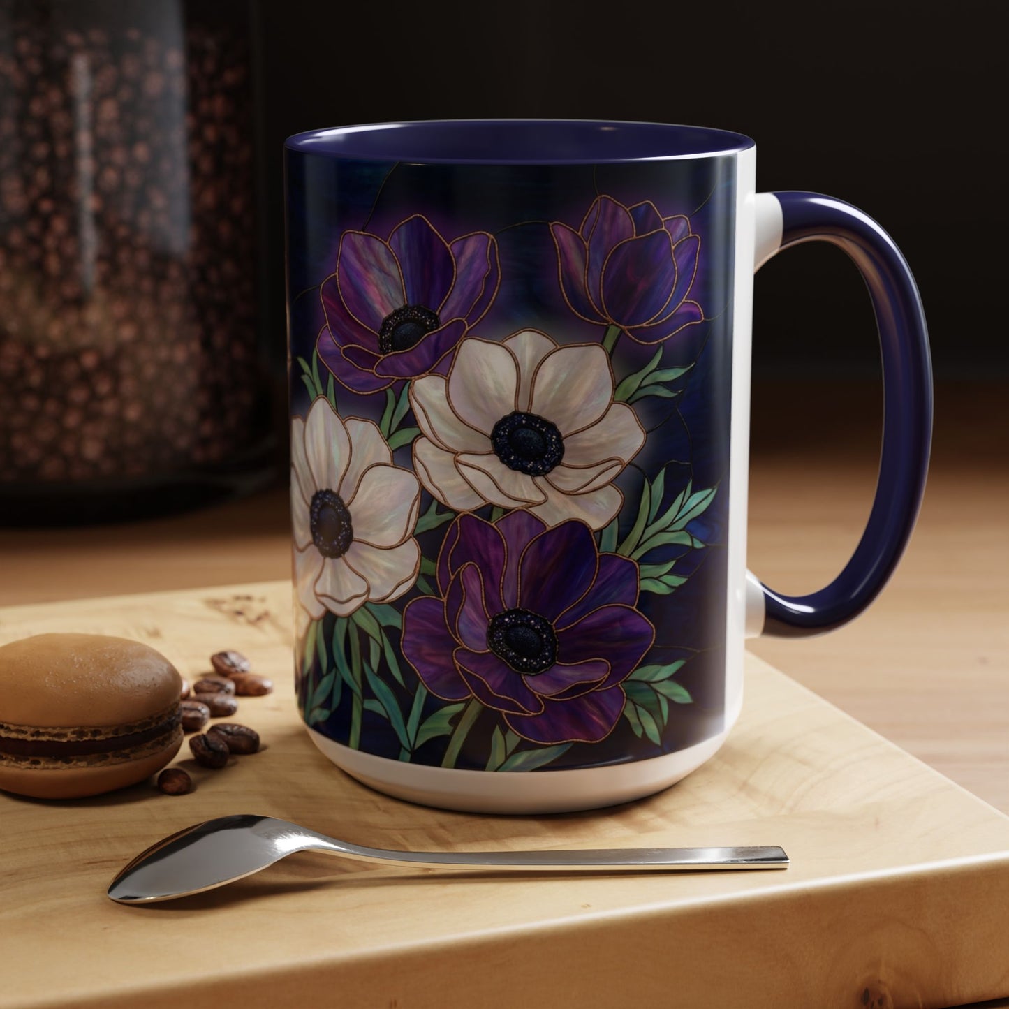 Floral Anemone Accent Coffee Mug — Stained Glass Design 11/15oz - 14552