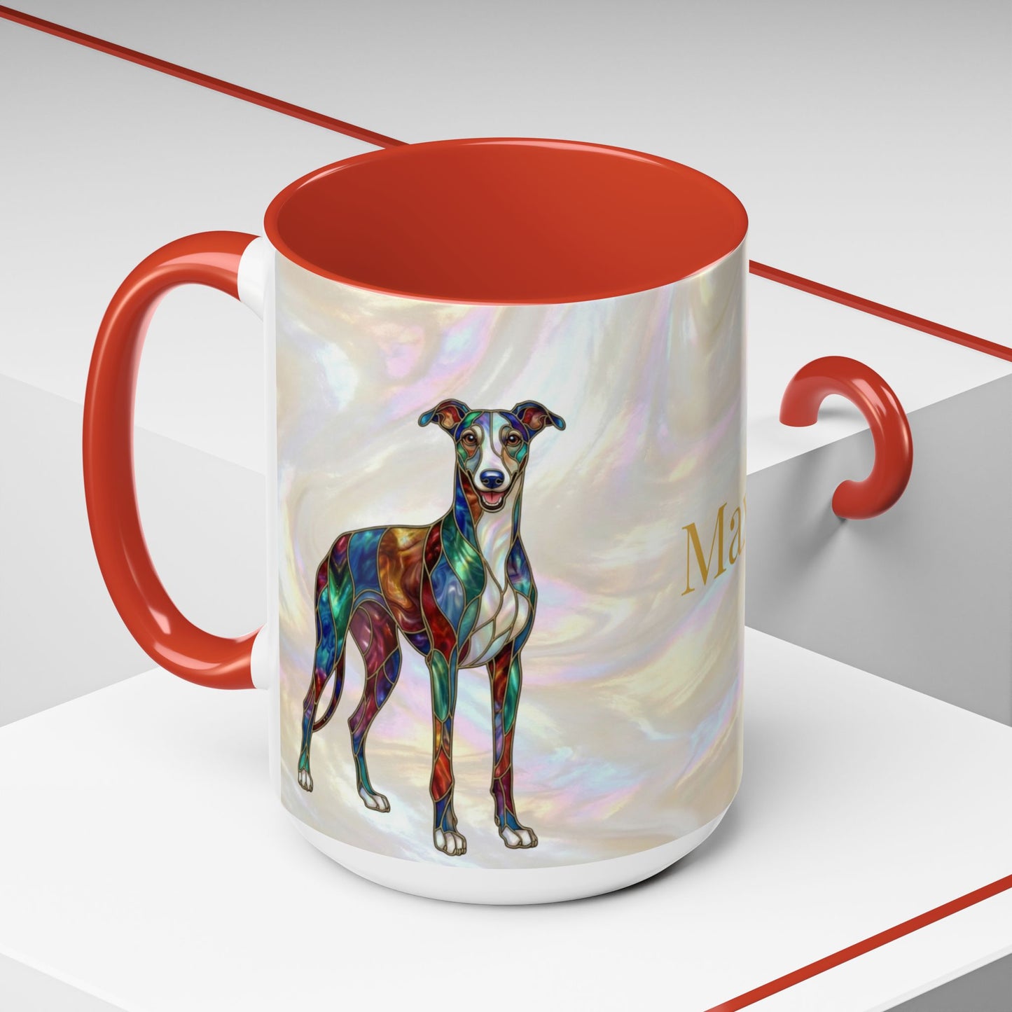 Personalized Greyhound Coffee Mug – Stained Glass Dog Accent Mug (Name Customizable)  - 14523
