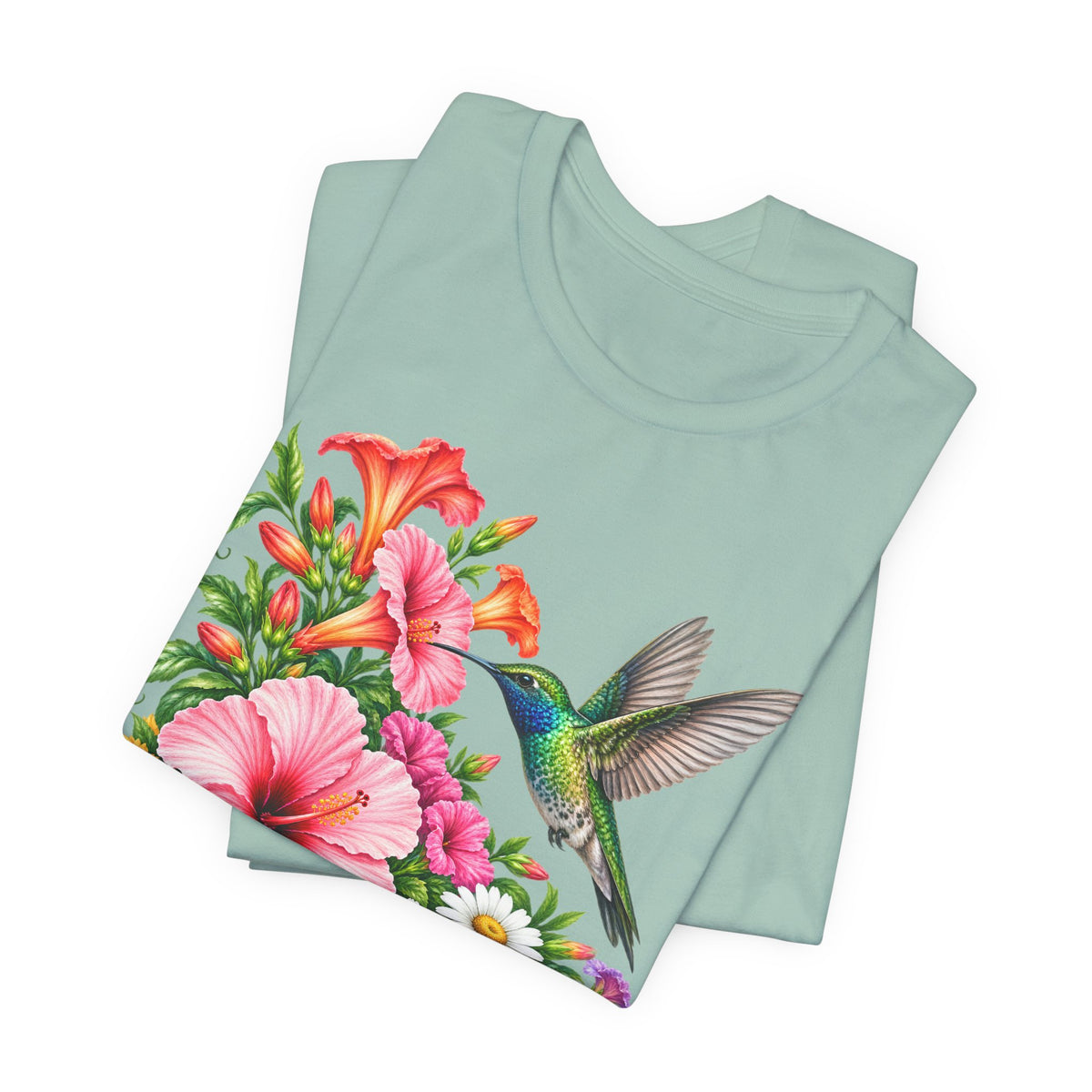 Hummingbird & Hibiscus T-Shirt, Colorful Tropical Floral Garden Tee - 14542
