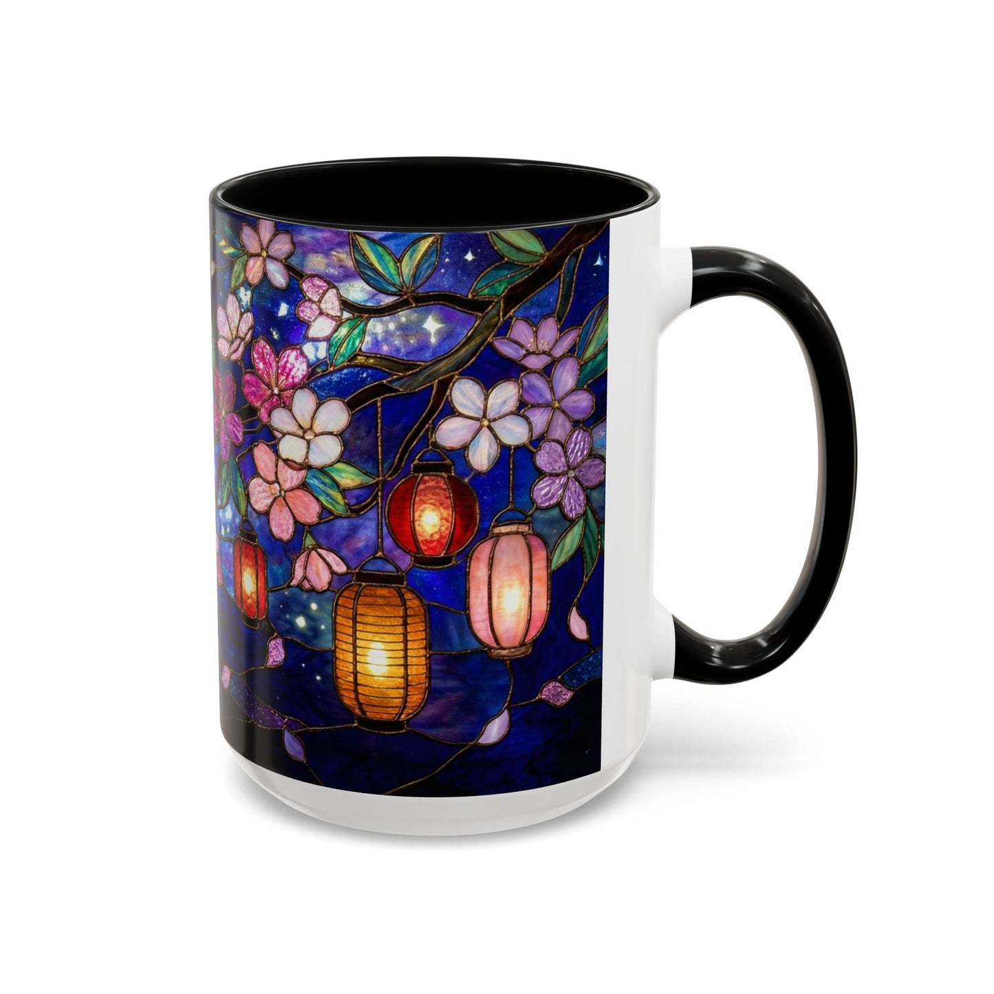 Cherry Blossom Lantern Coffee Mug — Floral Night Sky, Stained Glass Design (11/15 oz) - 14533
