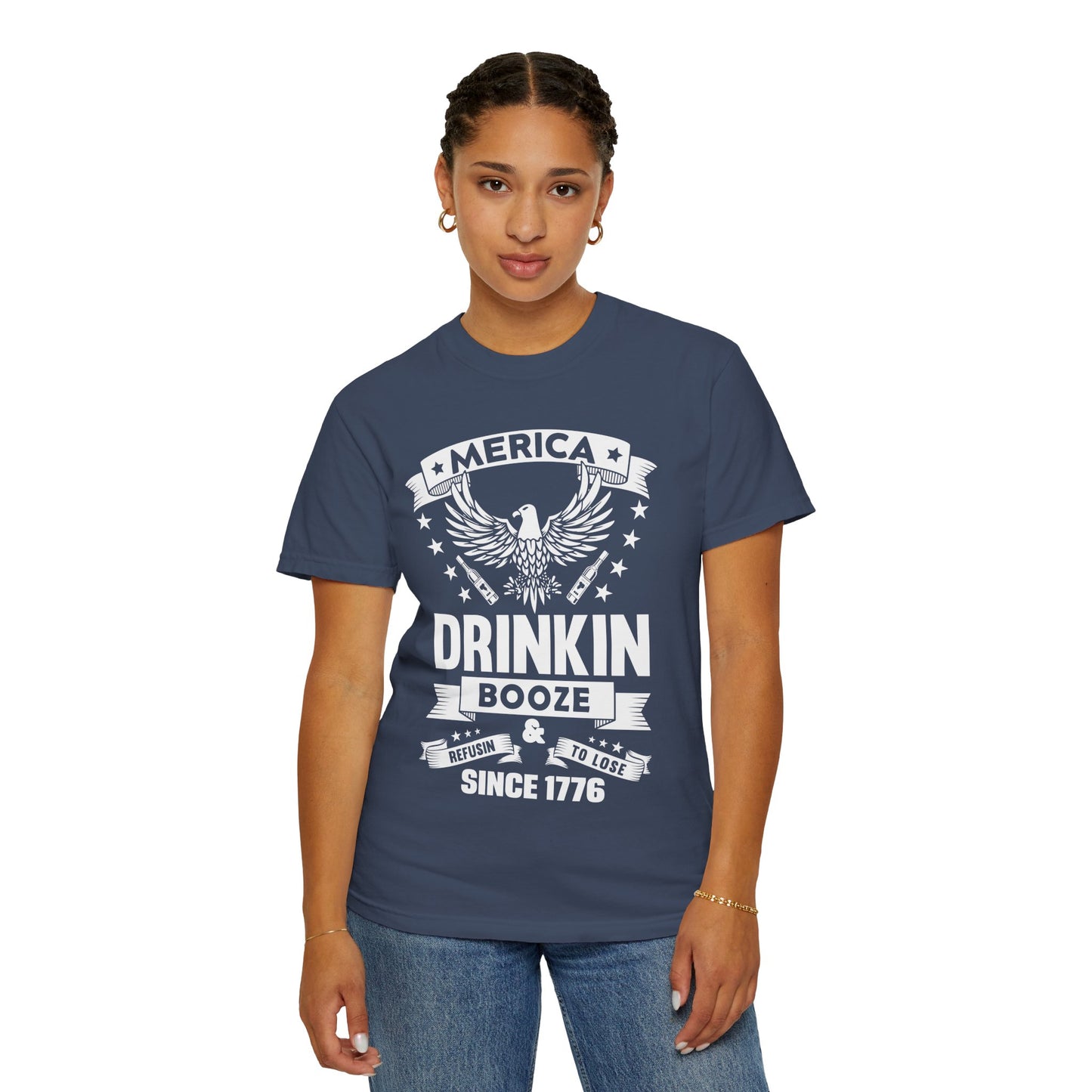 Patriotic Graphic Tee, Unisex Vintage T-shirt, Amerca Drinking Booze Shirt, Independence Day Gift, Casual Wear, Freedom Fashion - 13788