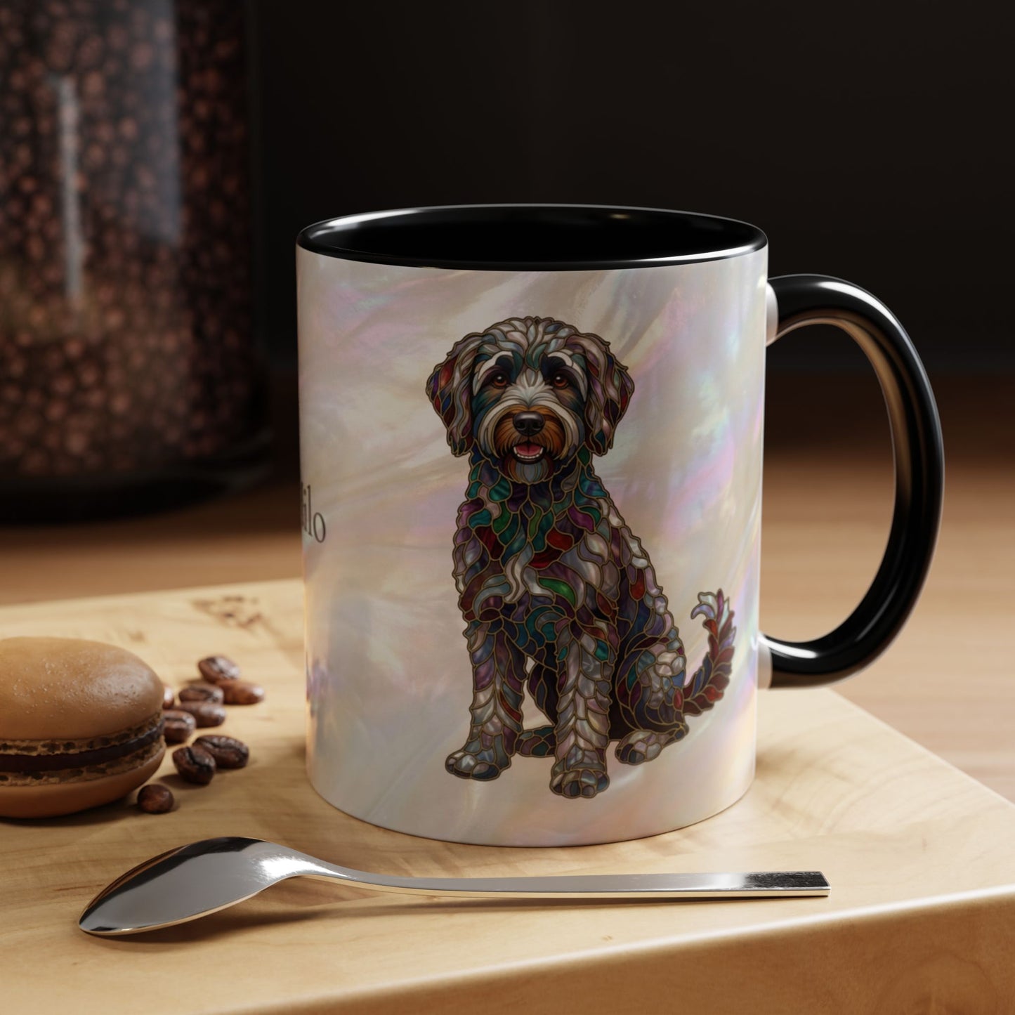Personalized Labradoodle Dog Mug — Custom Name Accent Coffee Mug (11/15 oz) with Stained Glass Art - 14526