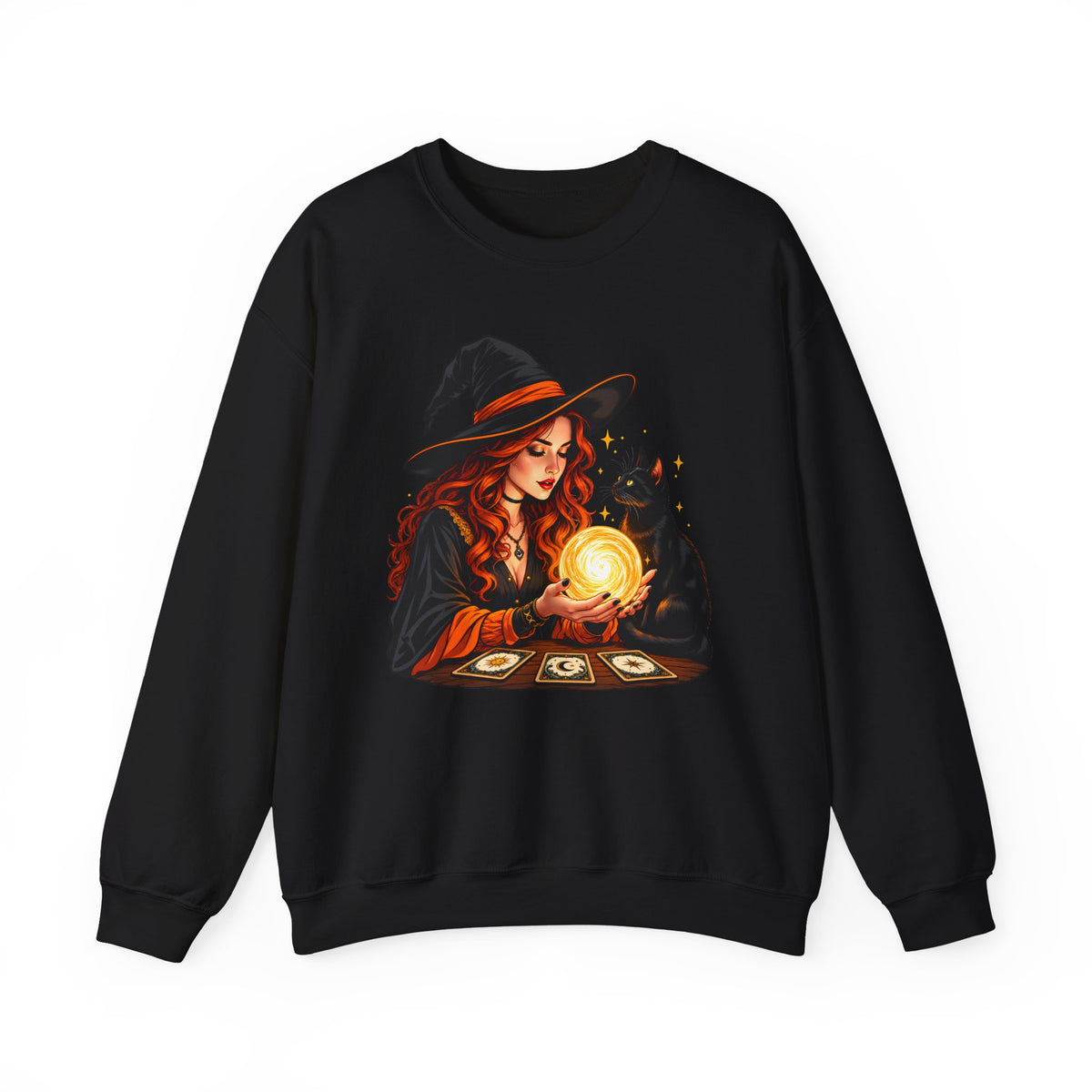Witch Tarot Crewneck Sweatshirt, Mystic Fortune Teller & Black Cat Design - 14504