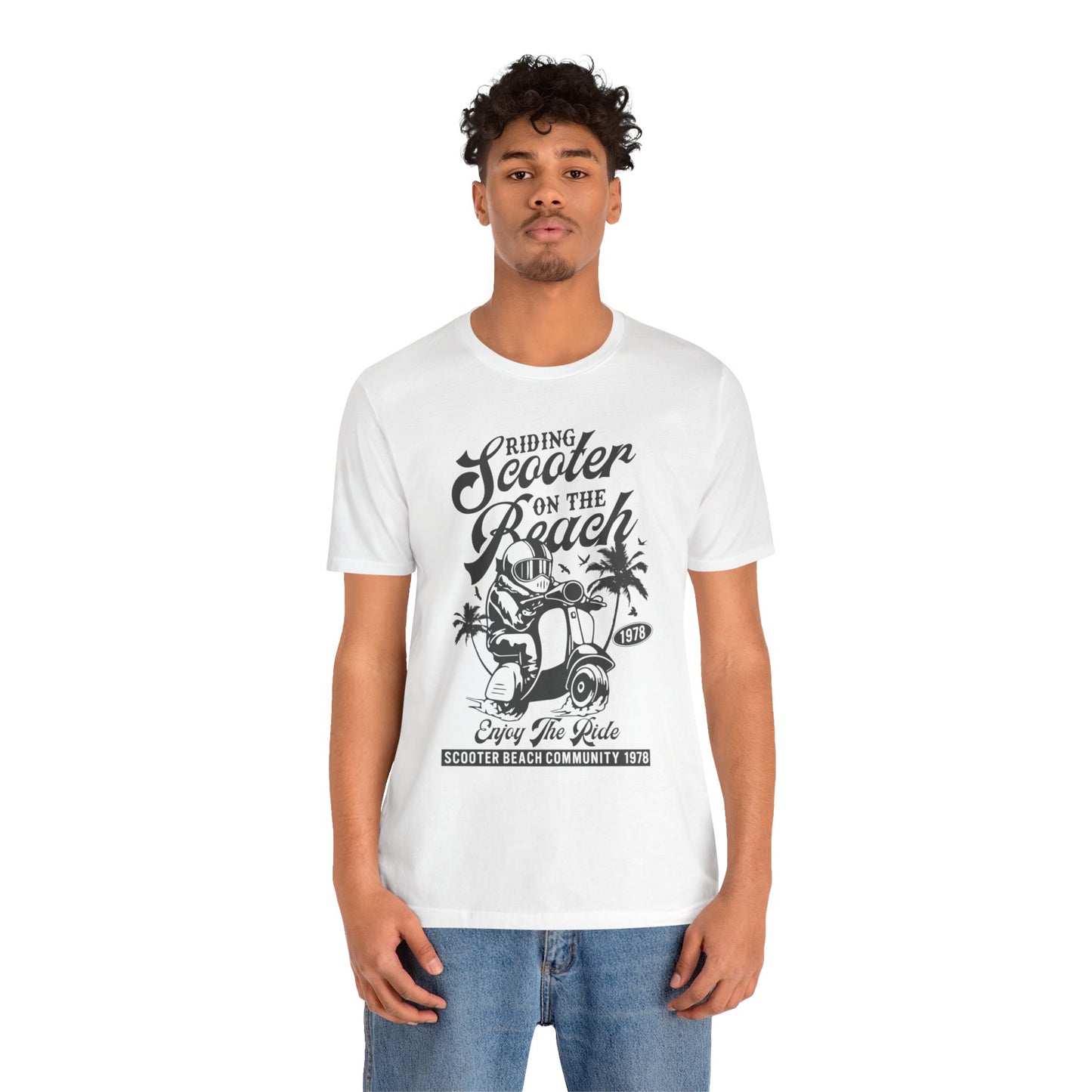 Riding Scooter on the Beach, Enjoy the Ride - Unisex Jersey Short Sleeve Tee