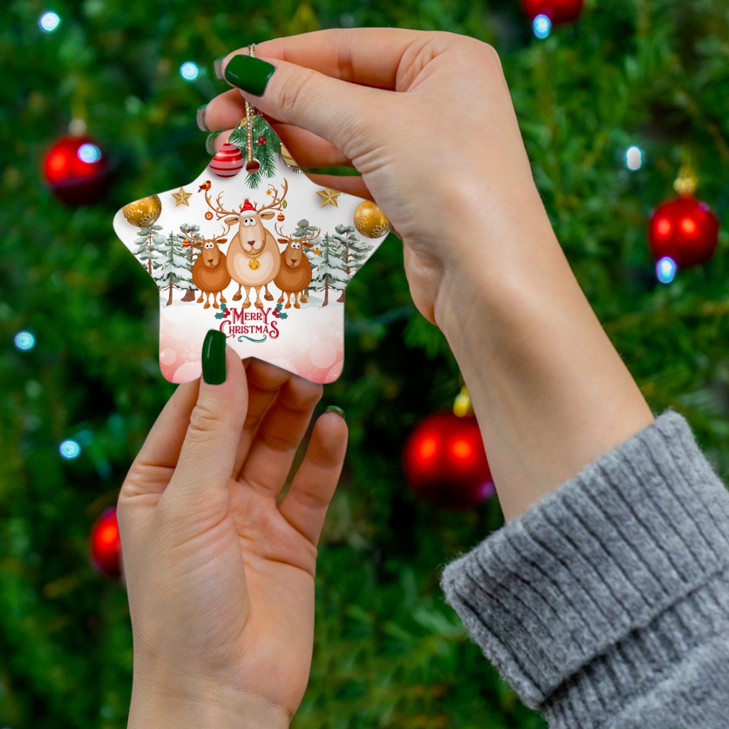 Christmas Deers - Ceramic Ornament, 4 Shapes