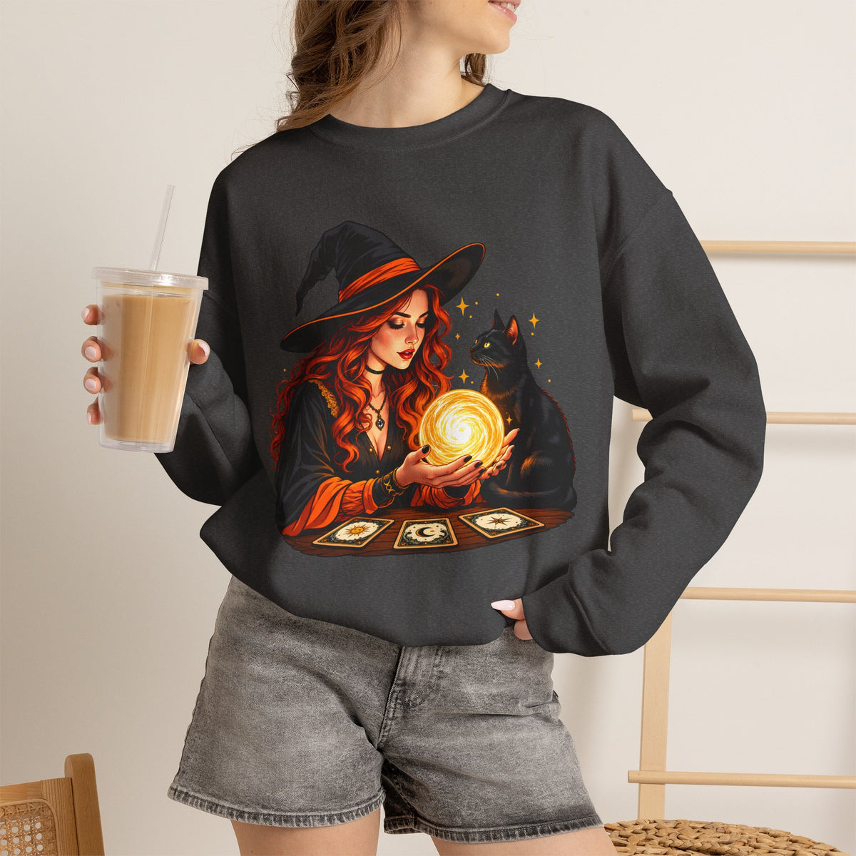 Witch Tarot Crewneck Sweatshirt, Mystic Fortune Teller & Black Cat Design - 14504