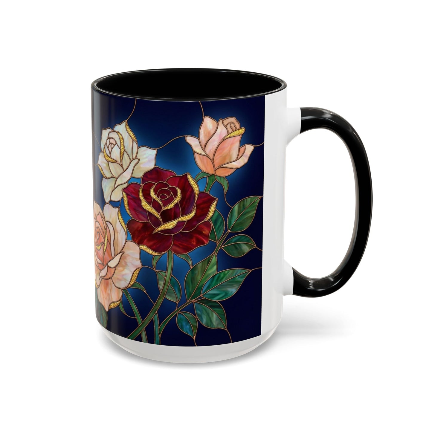 Rose Floral Accent Coffee Mug – Stained Glass Design (11/15oz) - 14551