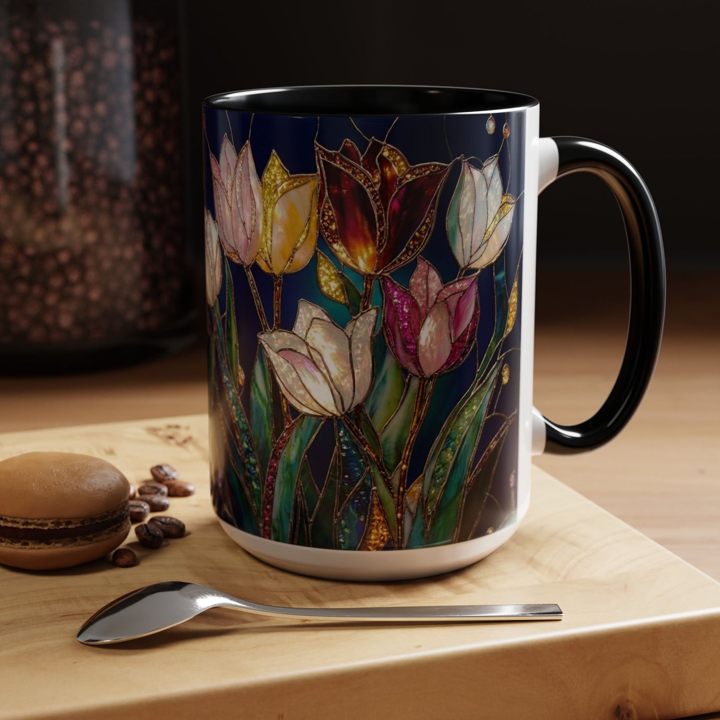 Tulip Floral Art Accent Coffee Mug — Stained Glass Design (11/15oz) - 14592