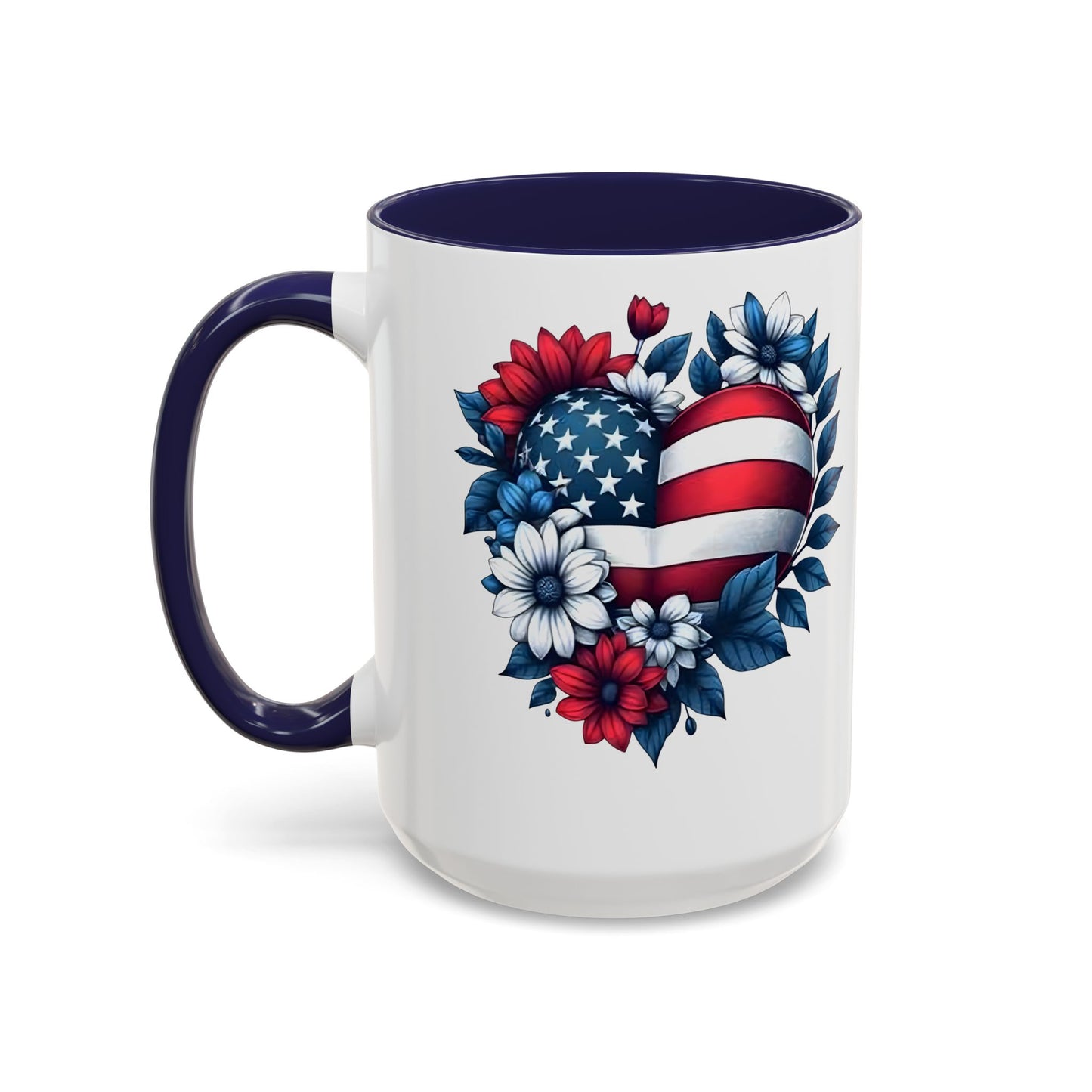 America 250th Anniversary Mug – Patriotic Heart American Flag Floral Accent Coffee Cup, USA Independence Day Gift (11oz, 15oz) - 14834