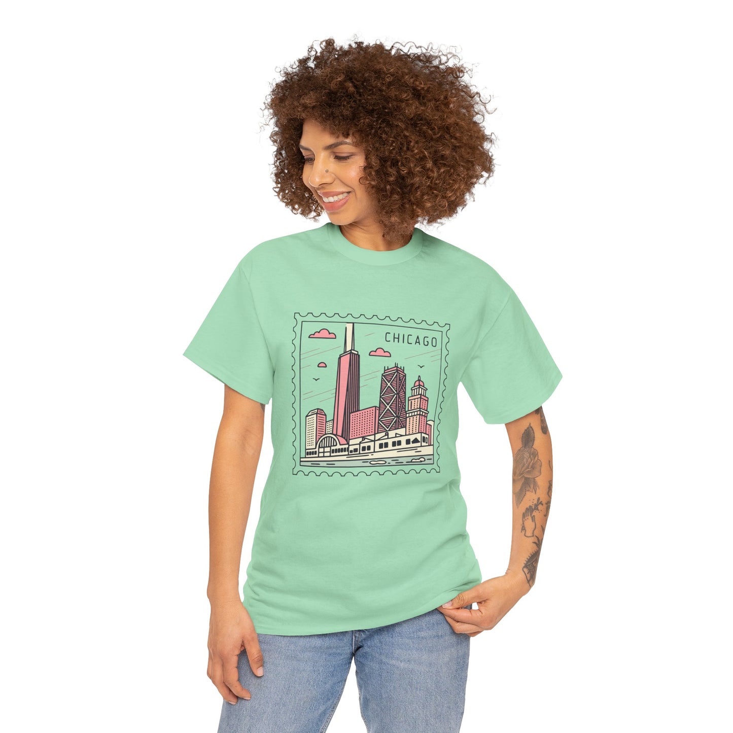 Chicago Skyline Postage Stamp Unisex Heavy Cotton Tee - 12130