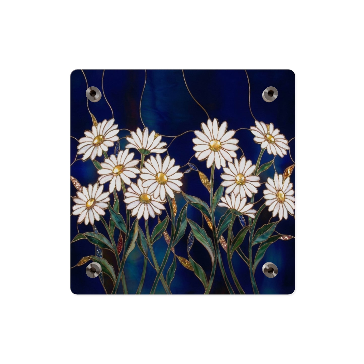 Daisy Stained-Glass Acrylic Wall Art Panel — White Daisies on Deep Blue Background - 14602