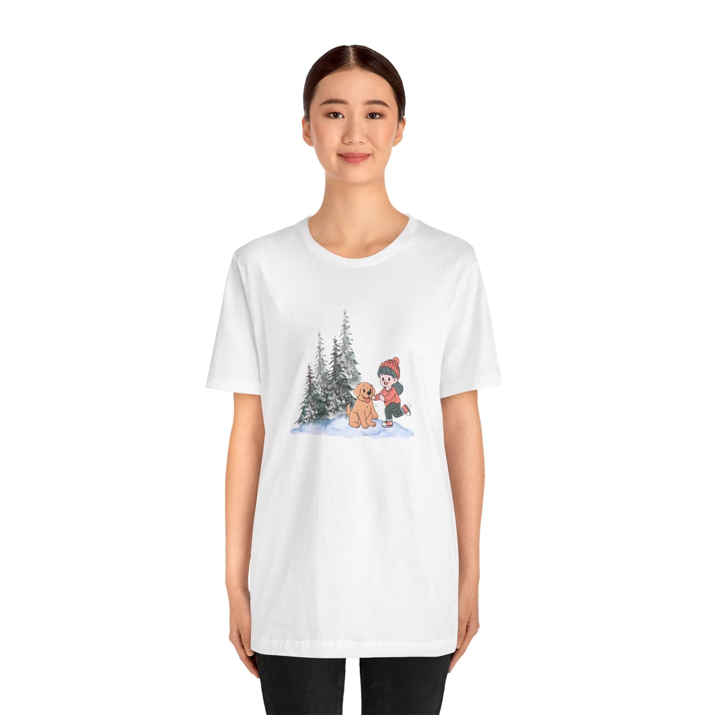 Winter Trees, Girl & Puppy - Unisex Jersey Short Sleeve Tee - 10279