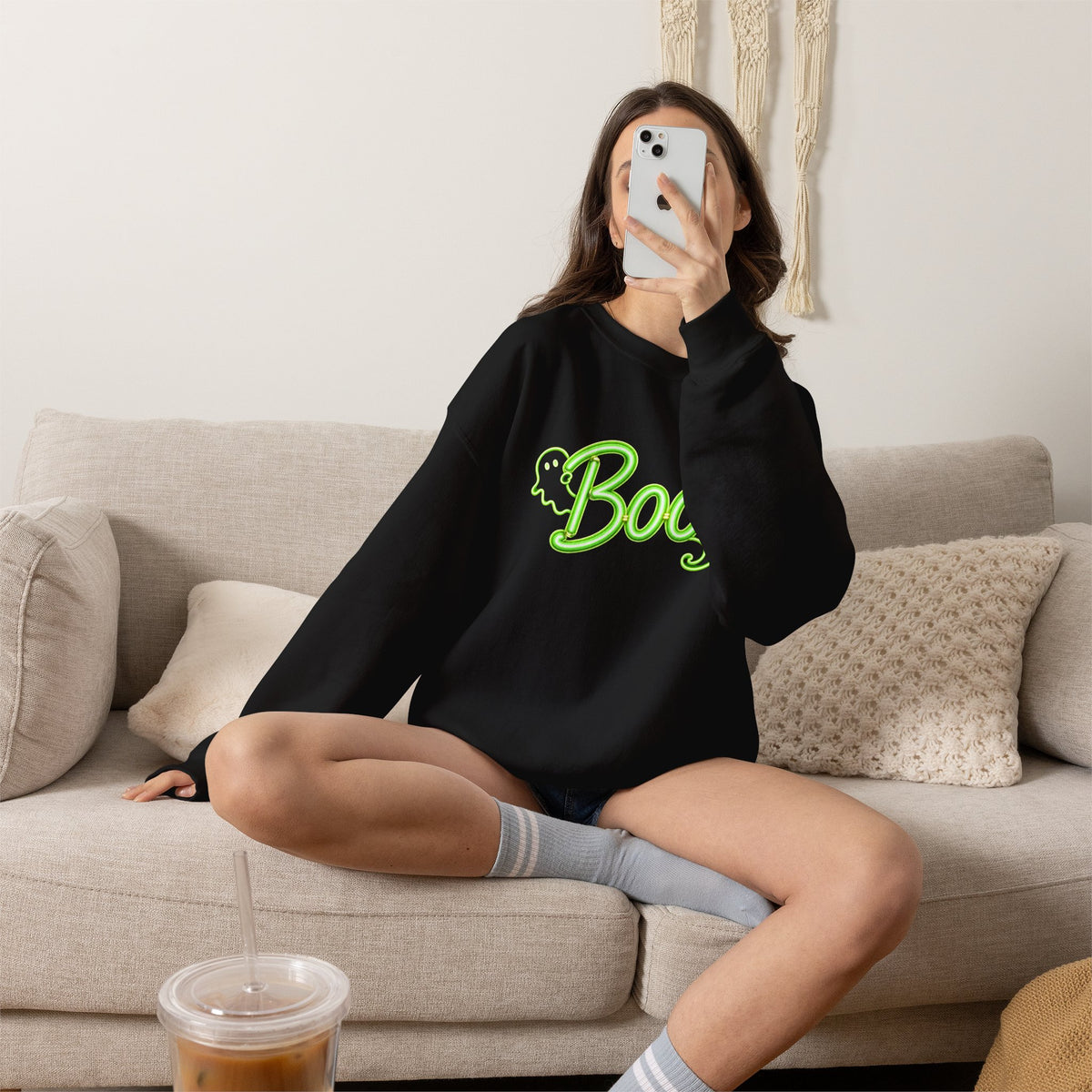 Neon Boo Halloween Sweatshirt, Cute Ghost Crewneck - 14517