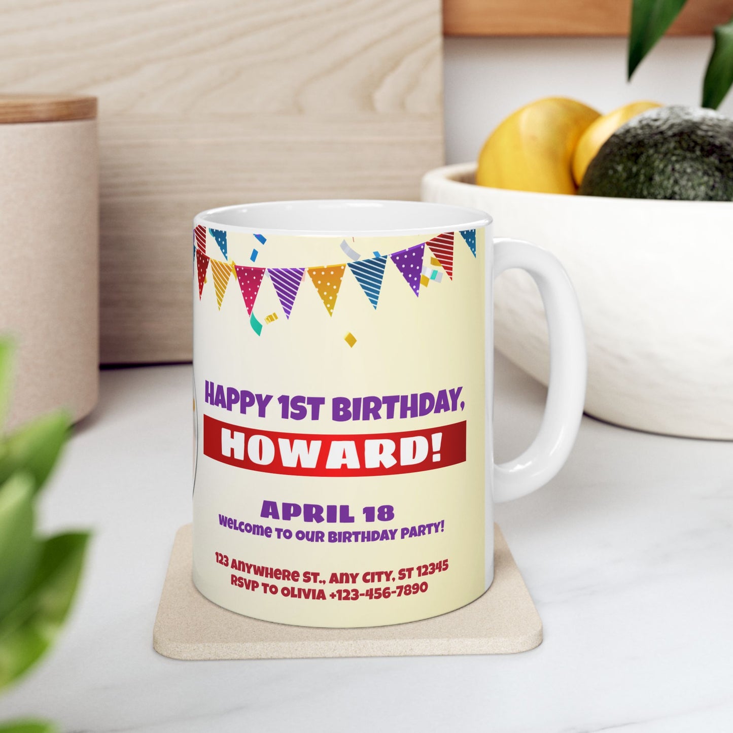 Personalized Birthday Ceramic Mug - Custom 1st Birthday Celebration Cup, Party Favor, Kid's Birthday Gift, Colorful Balloons, Fun Memories - 13997
