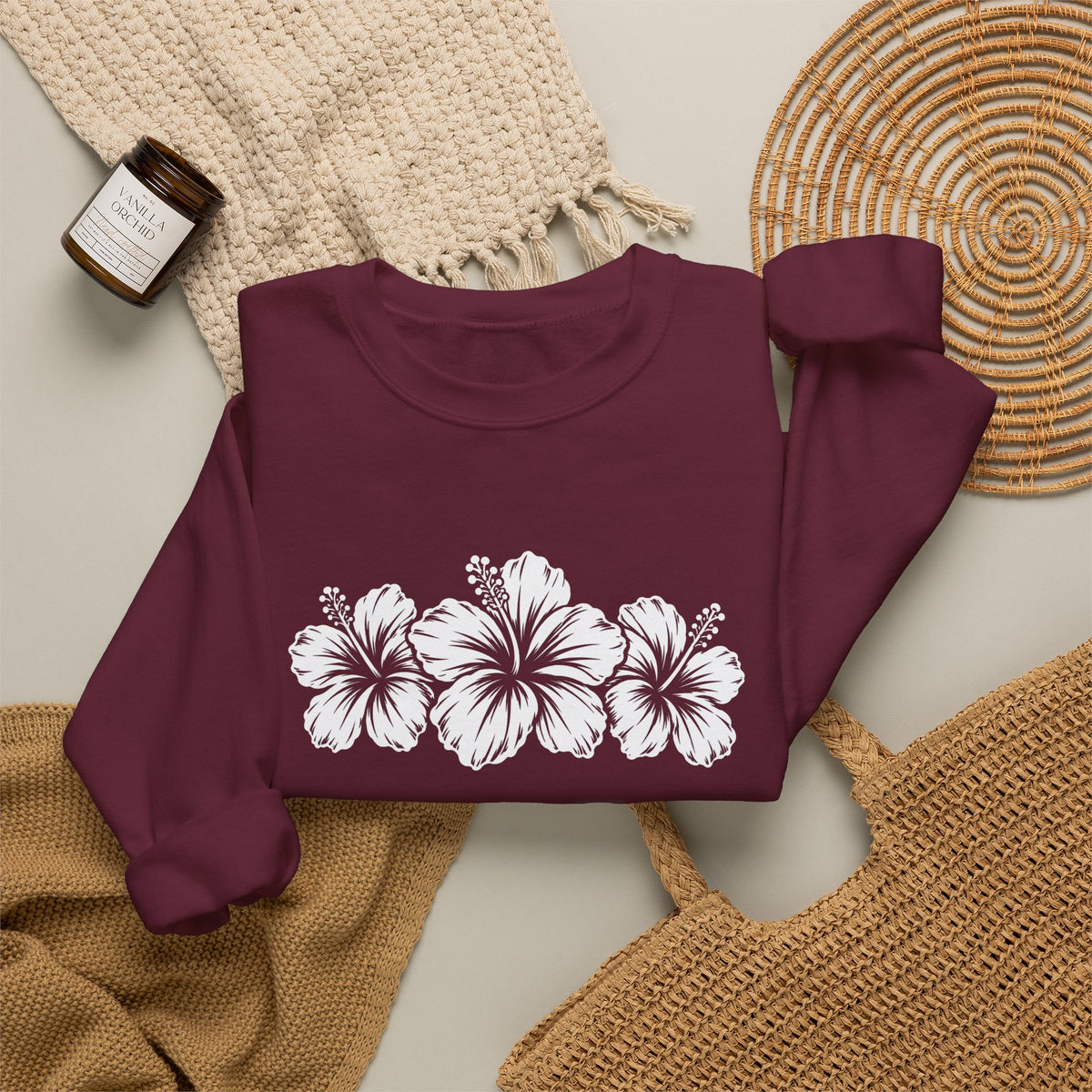 Hibiscus Floral Crewneck Sweatshirt,  Tropical Flower Graphic - 14996