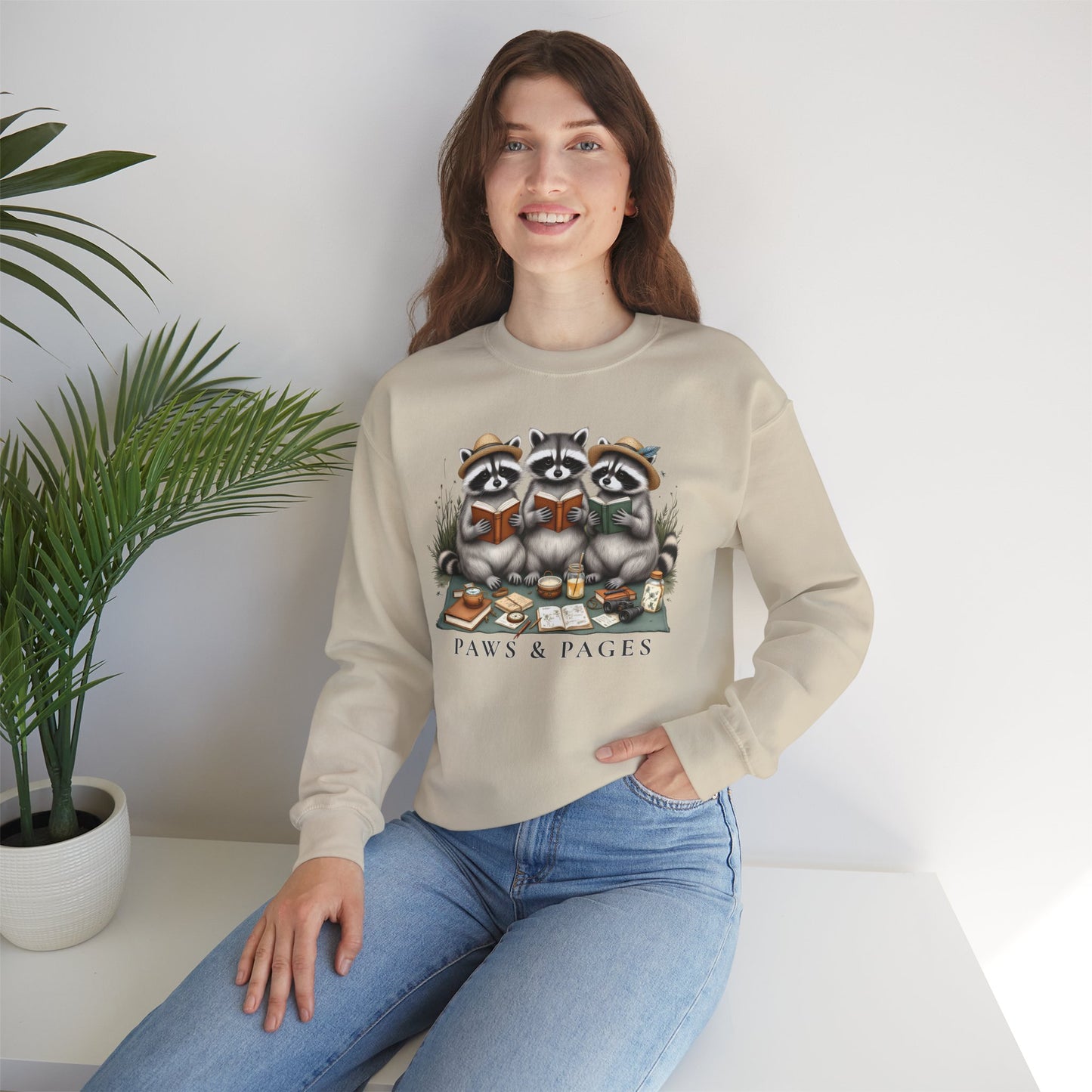 Paws & Pages Raccoon Reading Sweatshirt – Cozy Book Lover Crewneck, Cute Reader Gift - 14817