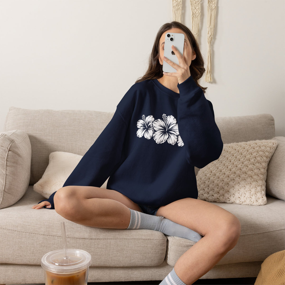 Hibiscus Floral Crewneck Sweatshirt,  Tropical Flower Graphic - 14996