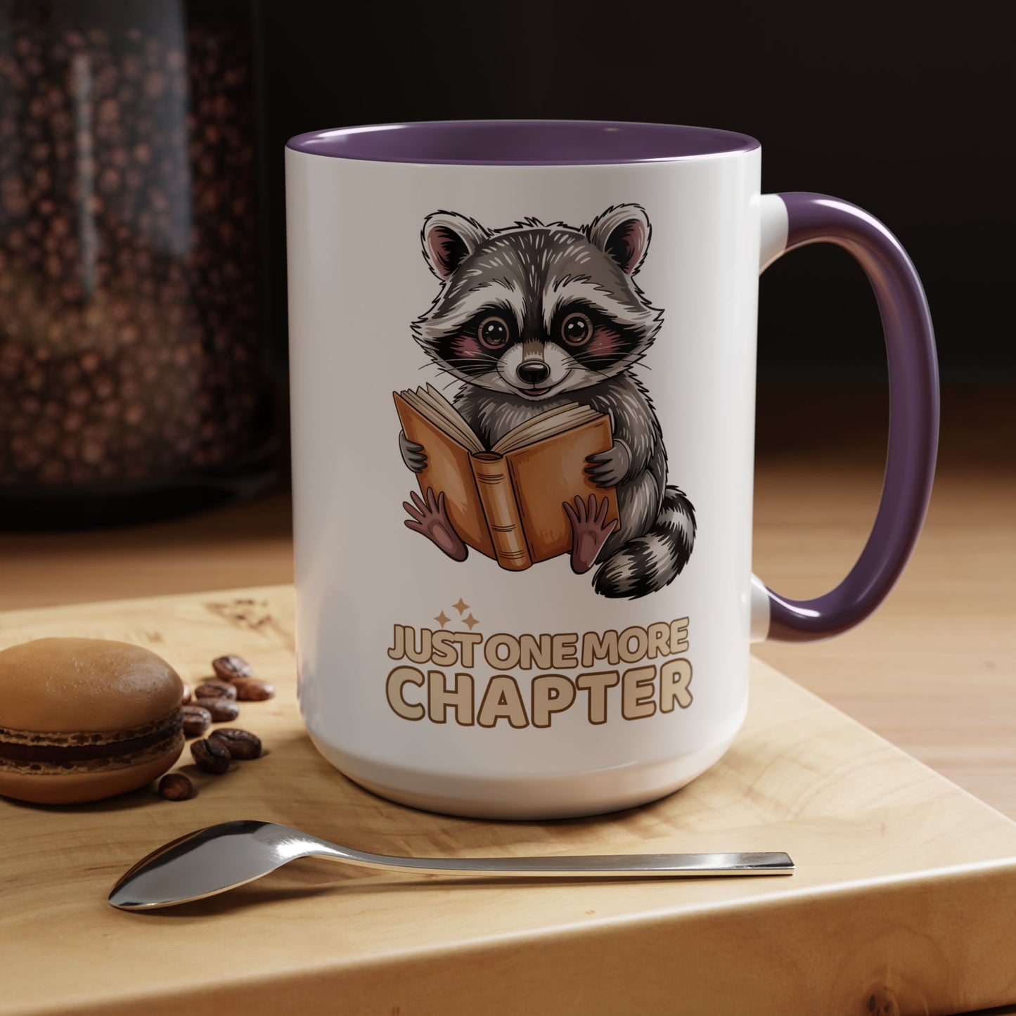 Just One More Chapter Mug – Raccoon Reading Coffee Mug, Book Lover Gift for Teacher or Librarian (11oz / 15oz)- 14792