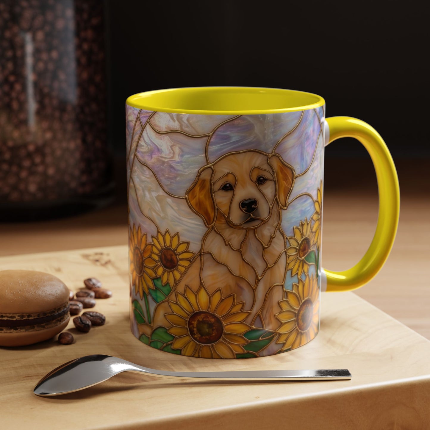 Sunflower Golden Retriever P uppiesAccent Coffee Mug –  Stained Glass Design (11/15 oz) - 14527