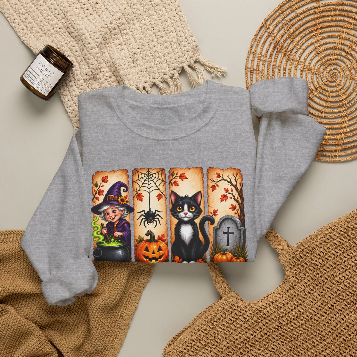Midnight Harvest Halloween Sweatshirt, Witch, Black Cat, Pumpkins & Spooky Fall Crewneck - 14514