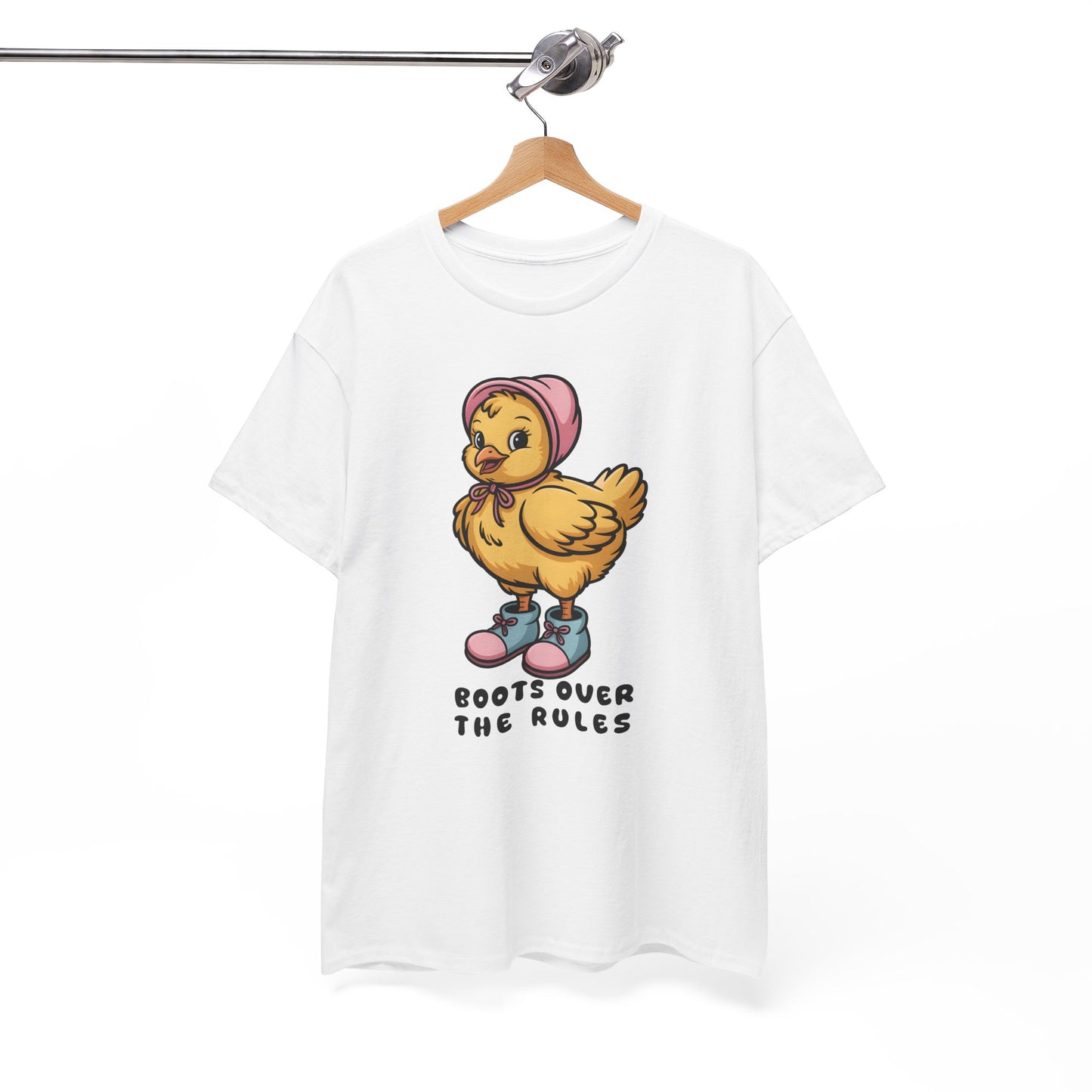 Cute Chick in Boots T-Shirt – “Boots Over The Rules” Funny Chicken Graphic Tee Gift - 14858