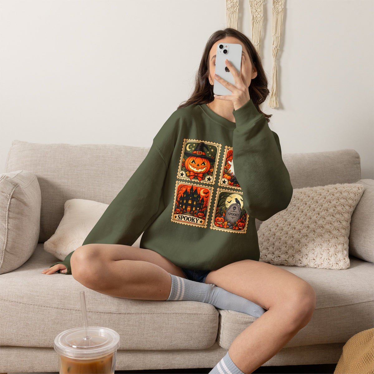 Vintage Halloween Stamp Sweatshirt, Spooky Pumpkin & Ghost Crewneck - 14510